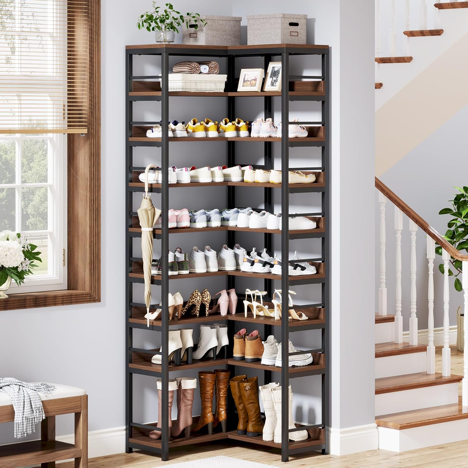 Tribesigns 9 Tiers Corner Shoe Rack, Tall Vertical Shoe Rack Organizer, Free Standing Large Shoe Storage Shelf for Entryway Hallway Closet, Space Saving, Rustic Brown - Image 2