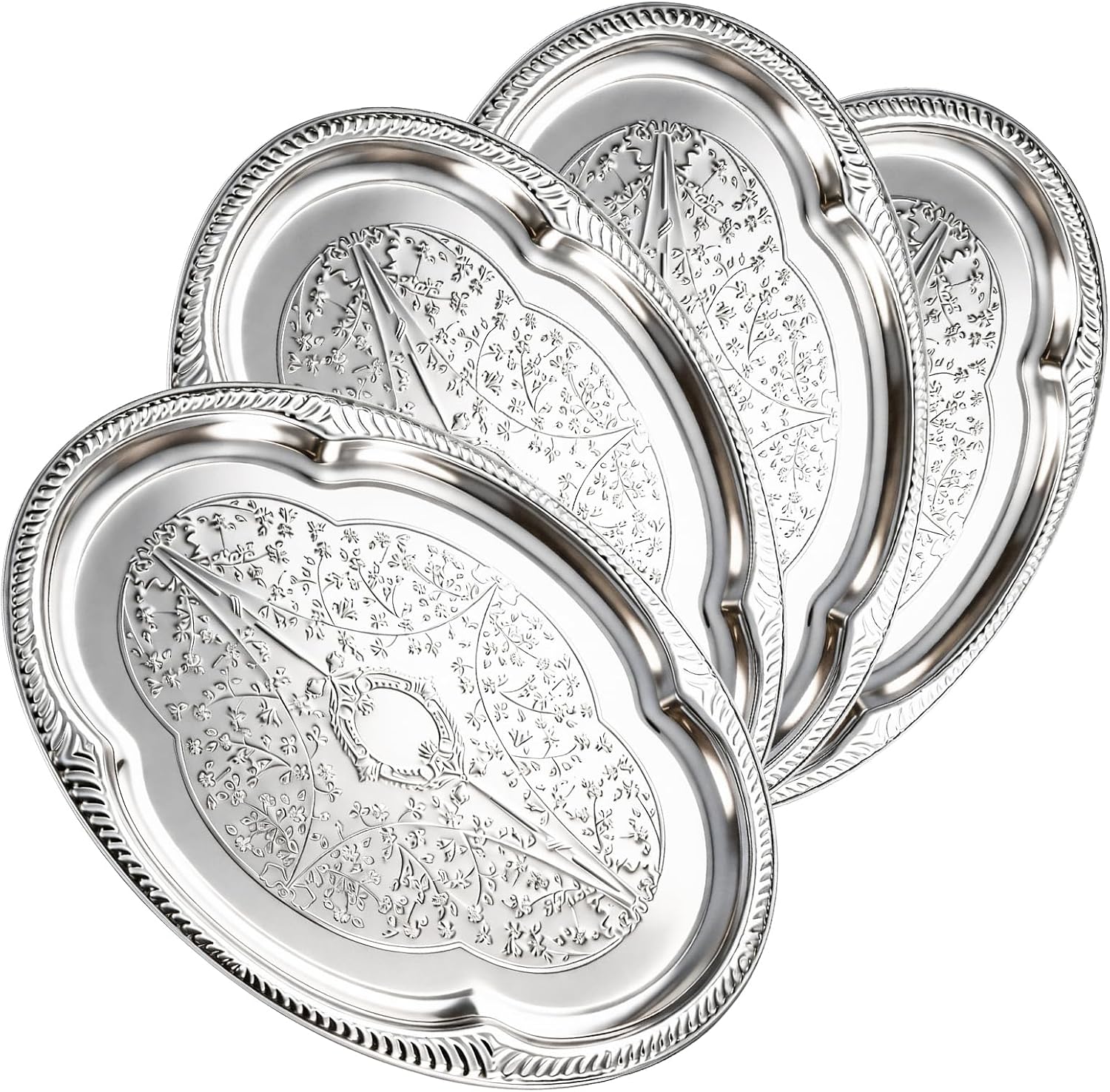 4-Pack Large Silver Serving Tray 20.3 x 15.2 Inch Mirror Platter Set for Party, Wedding, Birthday, Christmas, Appetizers, Desserts, Food Display, Kitchen Table, Buffet