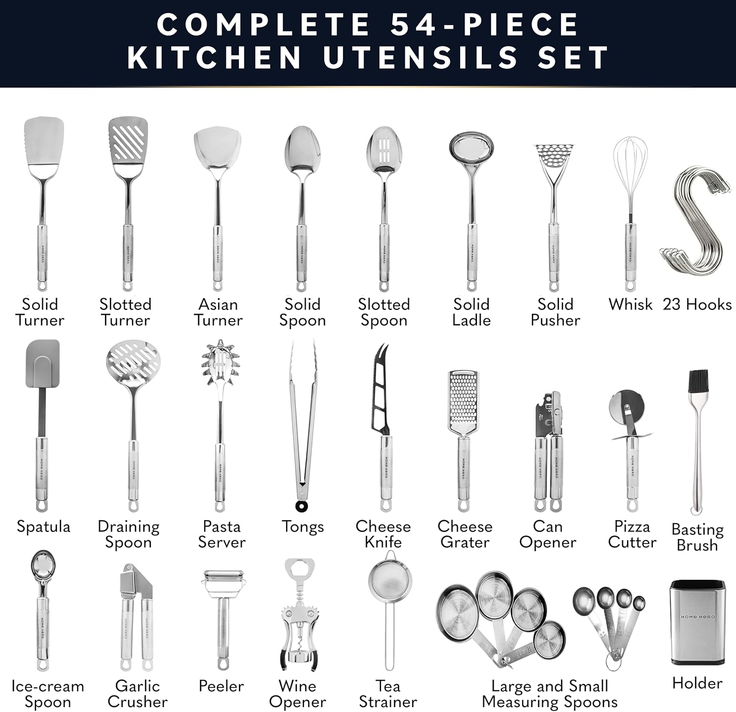 Home Hero 54-Piece Stainless Steel Kitchen Utensils Set - Heat-Resistant Nonstick Silicone & Stainless Steel Cooking Utensils - Complete Tools with Slotted Spoon & Pasta Spoon - Pack of 54, Silver - Image 2