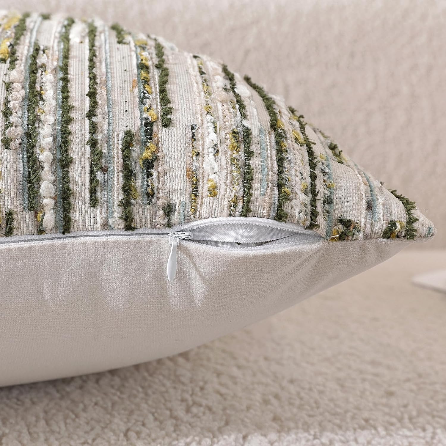 Striped Throw Pillow Covers 18x18 Set of 2 Green Textured Boucle Chic Morden Boho Accent Farmhouse Decorative Chenille Pillow Covers for Home Decor Bed Sofa Living Room - Image 6