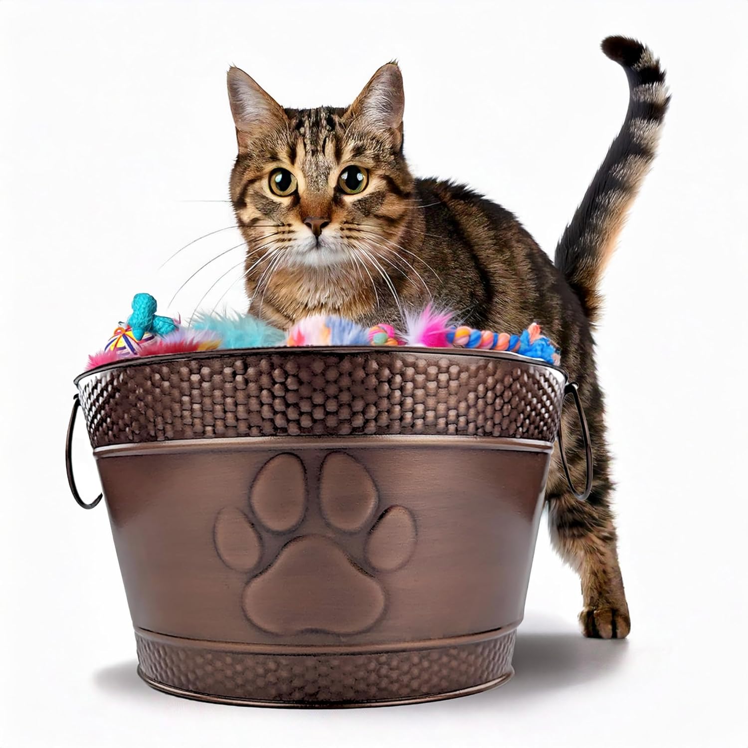 BREKX Metal Indestructible Dog Toy Bin - Storage Bin with Handles, Farmhouse Organizer Storage Basket for Pet Toys, Blankets, Leashes - Home Decor (Lead-Free Copper) - Image 5