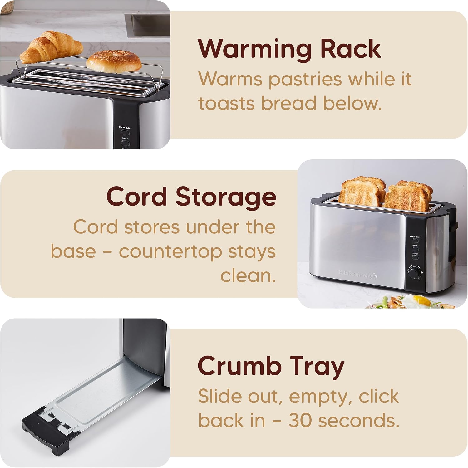 Elite Gourmet ECT-3100 4-Slice Long Slot Toaster | Extra Wide Slots for Bagels, Sourdough & Texas Toast | 6 Browning Settings | Reheat, Defrost & Cancel | Built-In Warming Rack | Stainless Steel - Image 7