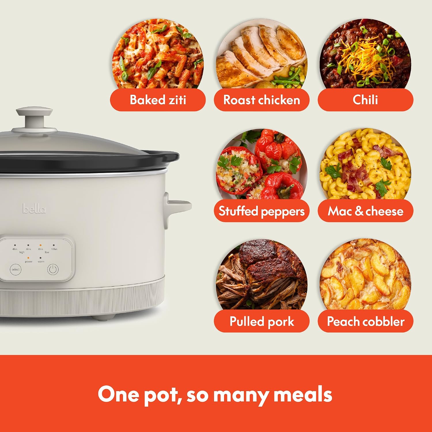 bella 6.0 Qt Programmable Slow Cooker, Ceramic Nonstick Coating, Adjustable Temperature & Cooking Times, Dishwasher Safe Stoneware Pot & Tempered Glass Lid, Tangle Free Cord Wrap, Oatmilk - Image 5