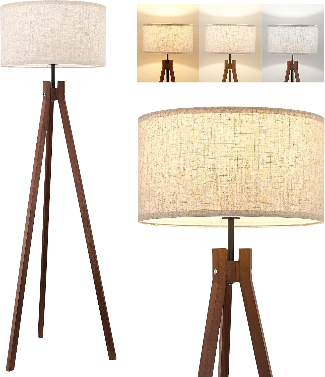 ELYONA Wood Tripod Floor Lamp, Mid Century Reading Standing Lamp with 3 Color Temperatures & Linen Shade, Modern Night Light for Bedroom, Farmhouse, Living Room, Office, 9W LED Bulb Included, Brown - Image 8