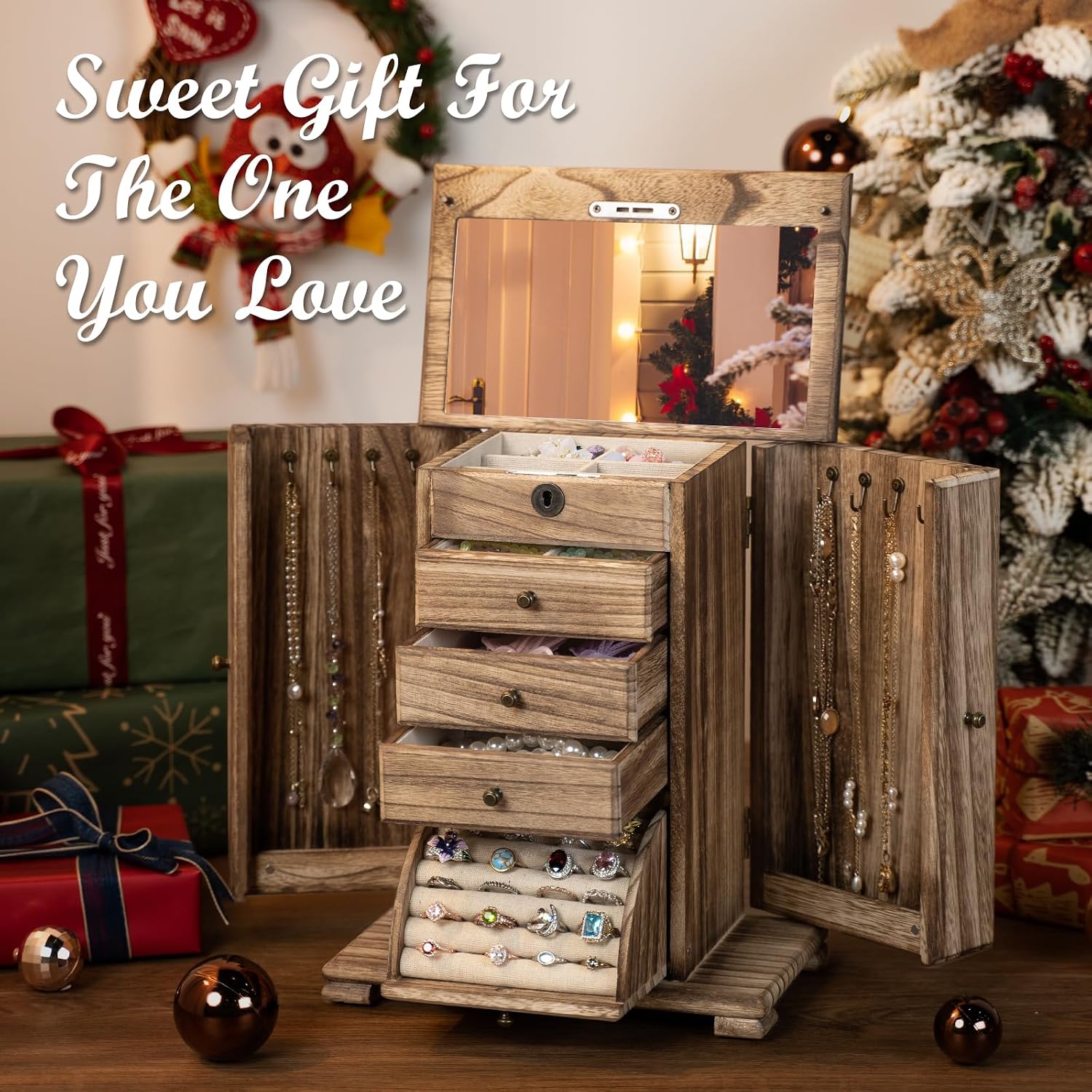 Miratino Jewelry Boxes for Women, 5 Layer Large Wooden Jewelry Organizer Box with Lock, Mirror & Drawers, Jewelry Boxes & Organizers for Necklaces Earrings Rings Bracelets (Rustic Brown) - Image 8