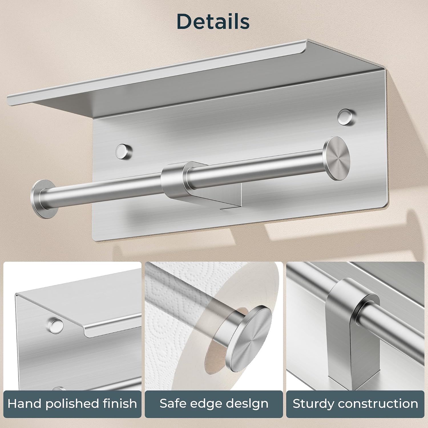 FORIOUS Double Toilet Paper Holder with Shelf, Wall Mount Tissue Roll Holder for Bathroom, 304 Stainless Steel Commercial Toilet Paper Dispensers with Phone Shelf (1, Brushed Nickel) - Image 3