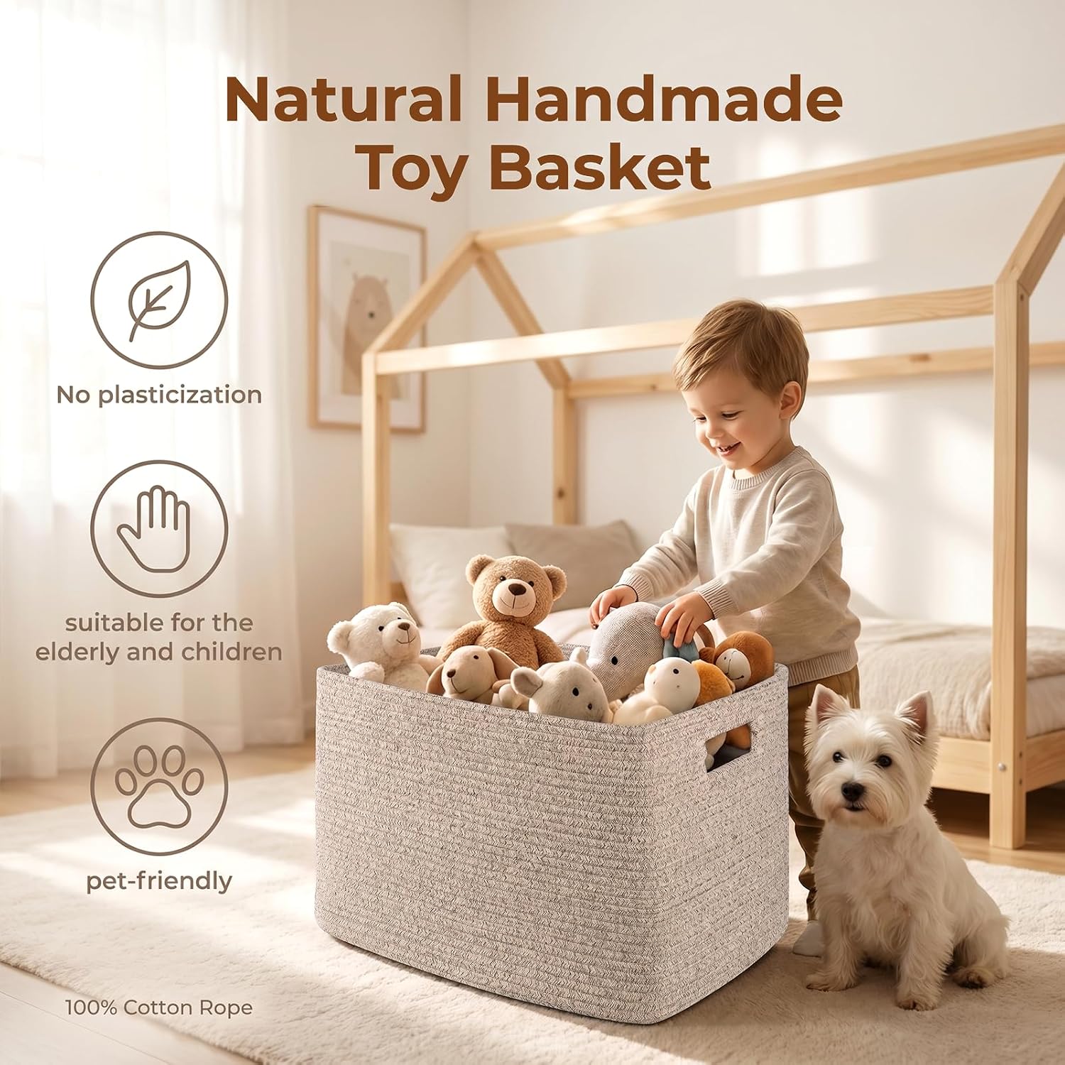 OIAHOMY 75L Large Woven Cotton Rope Storage Basket with Handle for Organizing Blanket and Toys for Living Room, Nursery, Brown Variegated 22”x17”x12” - Image 5