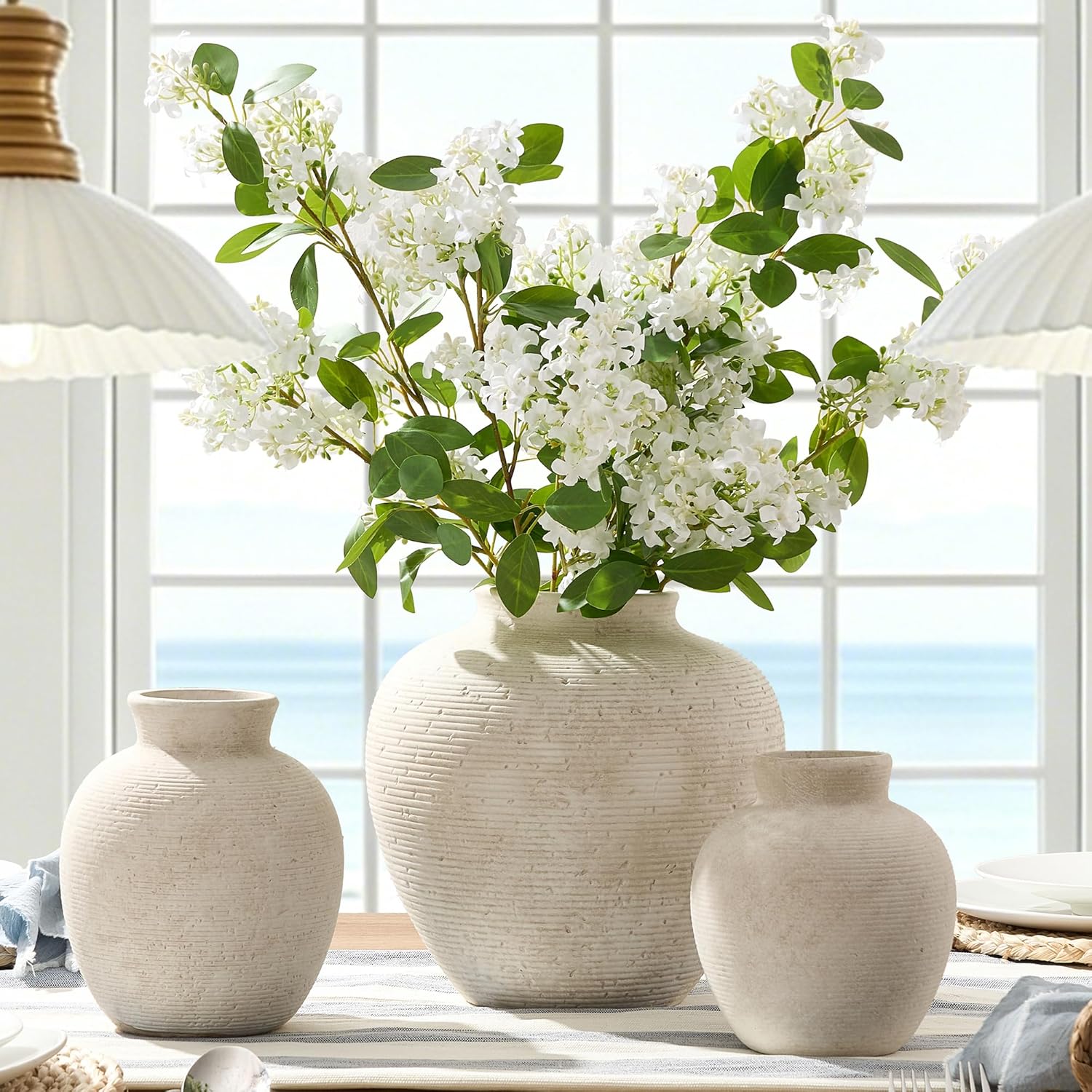 Vanselia Ceramic Flower Vase Home Decor - Farmhouse Table Vases Rustic Vintage Living Room Kitchen Bedroom Decorations for House Book Shelf Office Coffee Desk Dining Fireplace (7.4" Rustic) - Image 6