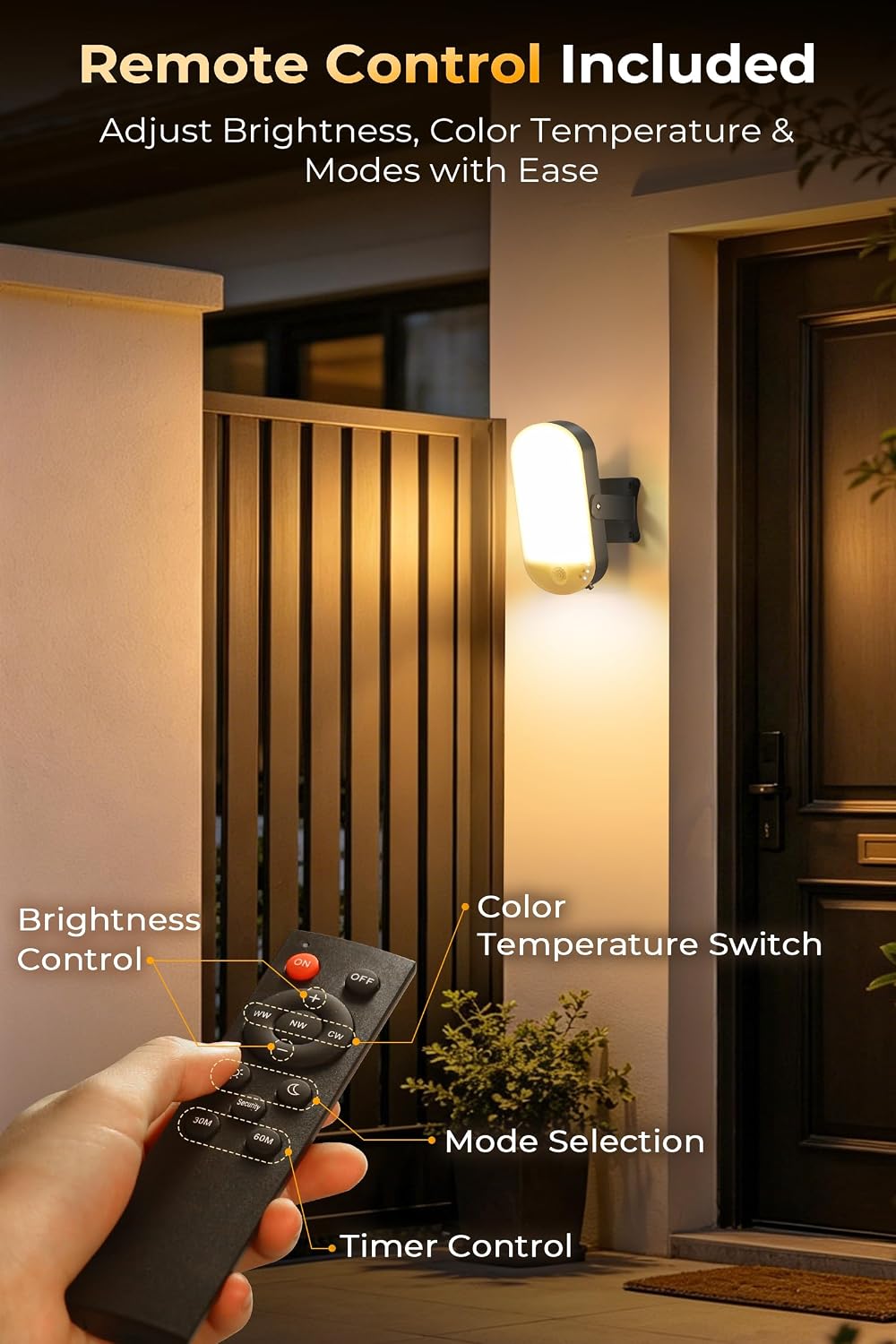 Rechargeable Motion Sensor Outdoor Light, 10000mAh Battery Security Light with Remote, 3 Modes, Red Alert, Dimmable 3CCT IP65 Waterproof Lamp for Porch Garage Backyard - Image 6