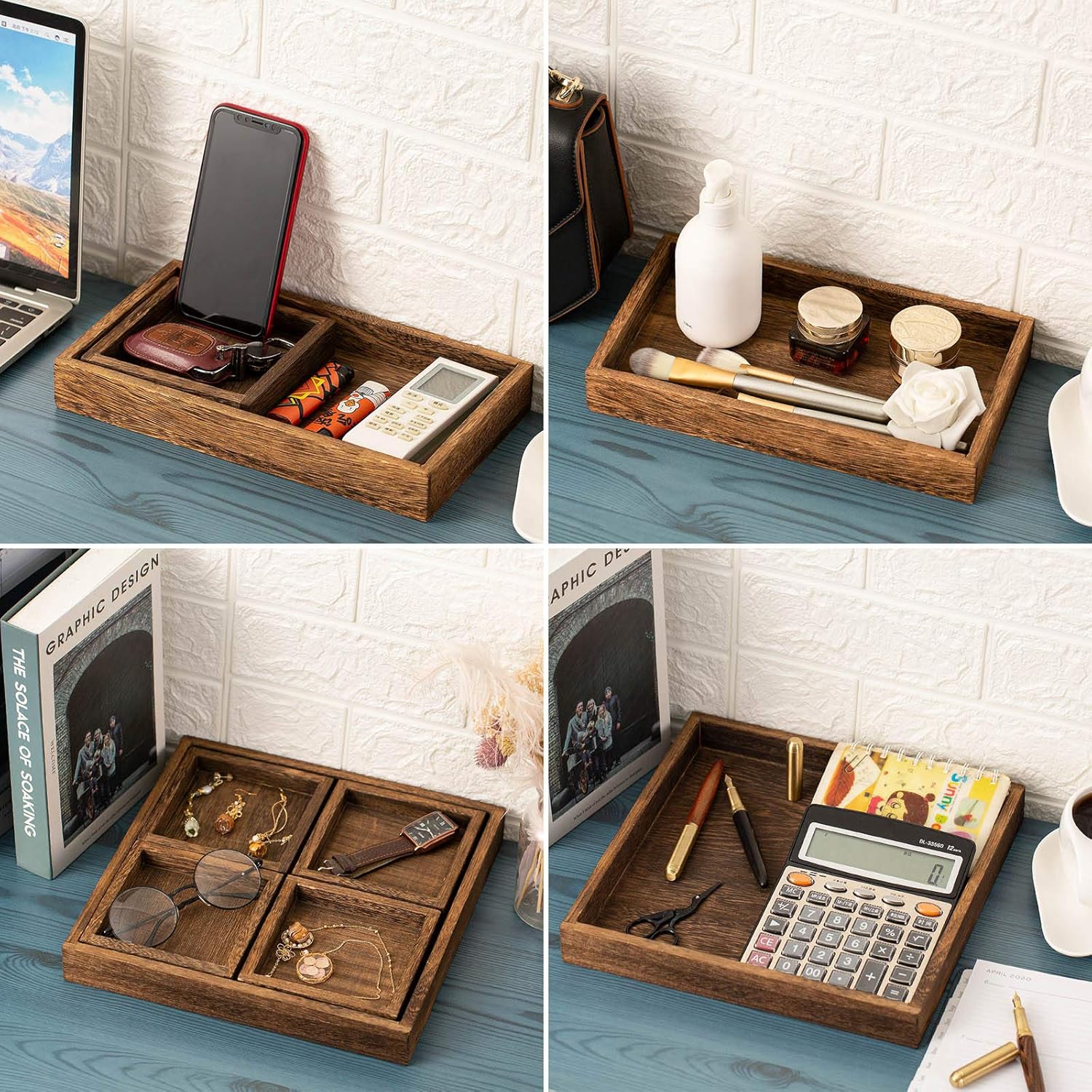 Yangbaga Rustic Wooden Serving Trays with Handle - Set of 7 Rectangular Platters for Entertaining, Breakfast, Coffee Table, Home Decor - Image 9