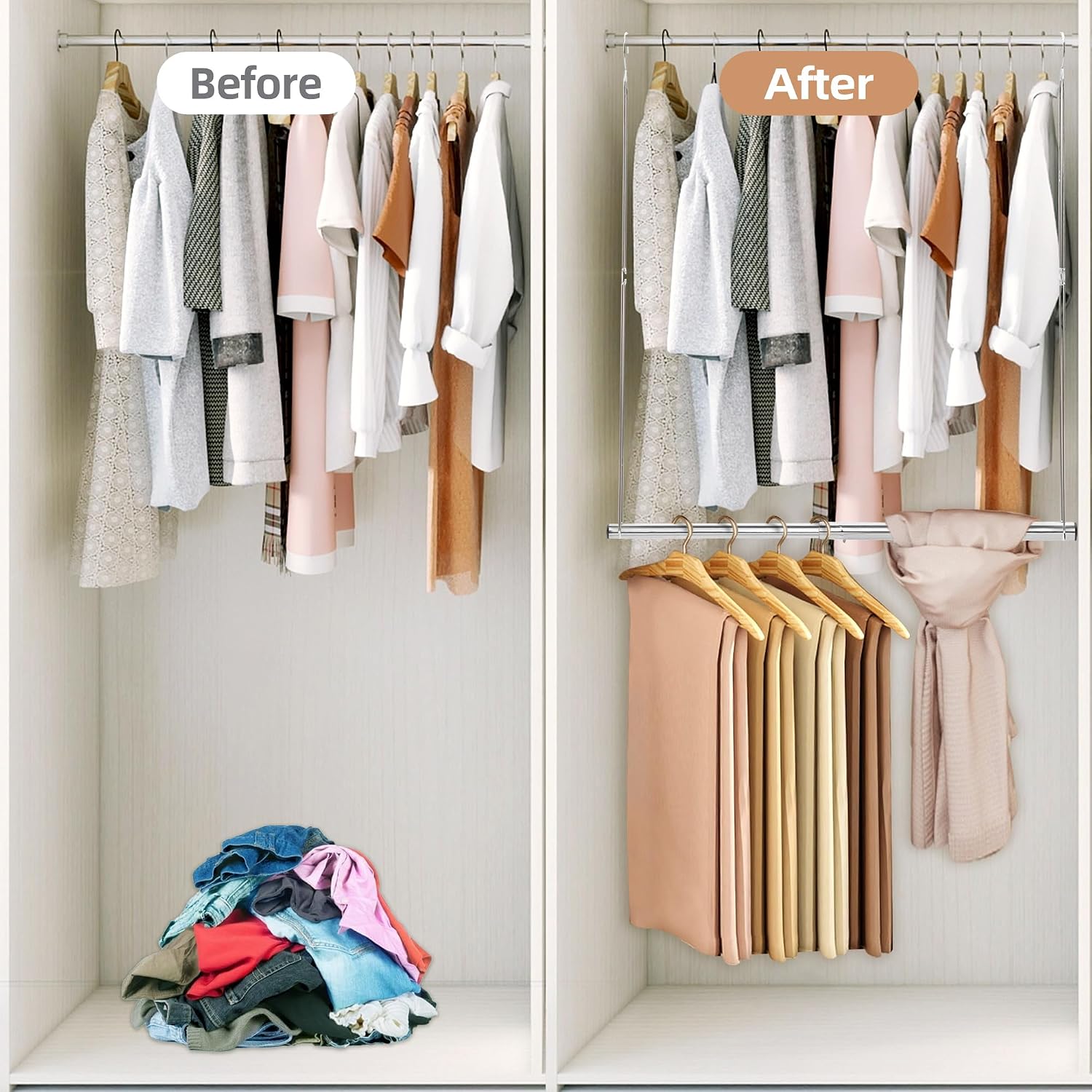 STORAGE MANIAC Hanging Closet Rod, Adjustable Width and Height Closet Hanging Organizer, Space-Saving Clothes Hanging Bar, Closet Extender Hanging Rod Double Closet Hanging Rod, 2 Pack Chrome - Image 5