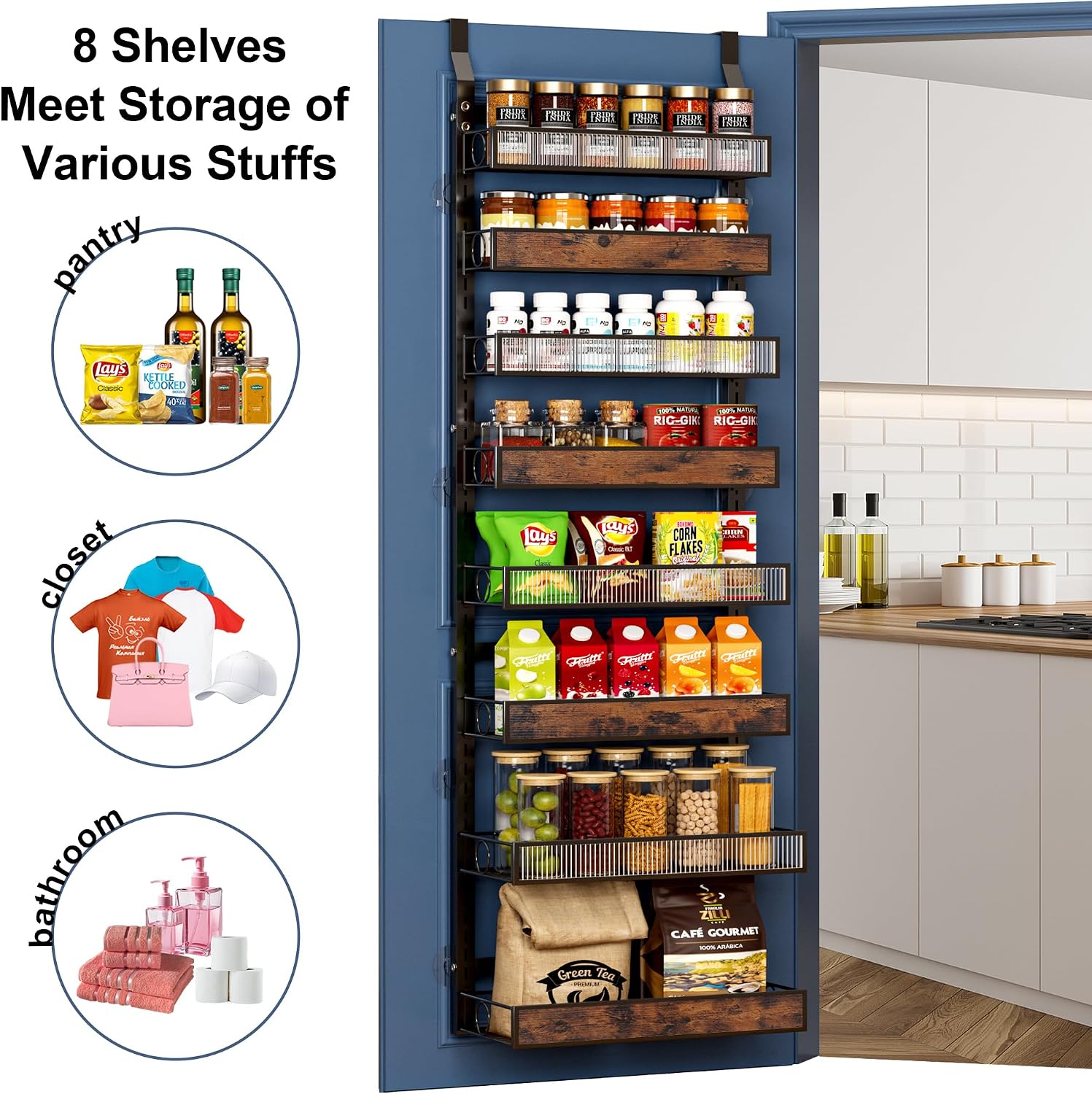 8 Tier Pantry Door Organizer Spice Rack, 2-IN-1 Wall Mount or Hanging Over Door Seasoning Organizer with Adjustable Baskets, Heavy Duty Behind Door Storage Shelves for Pantry, Cabinet and Kitchen - Image 7