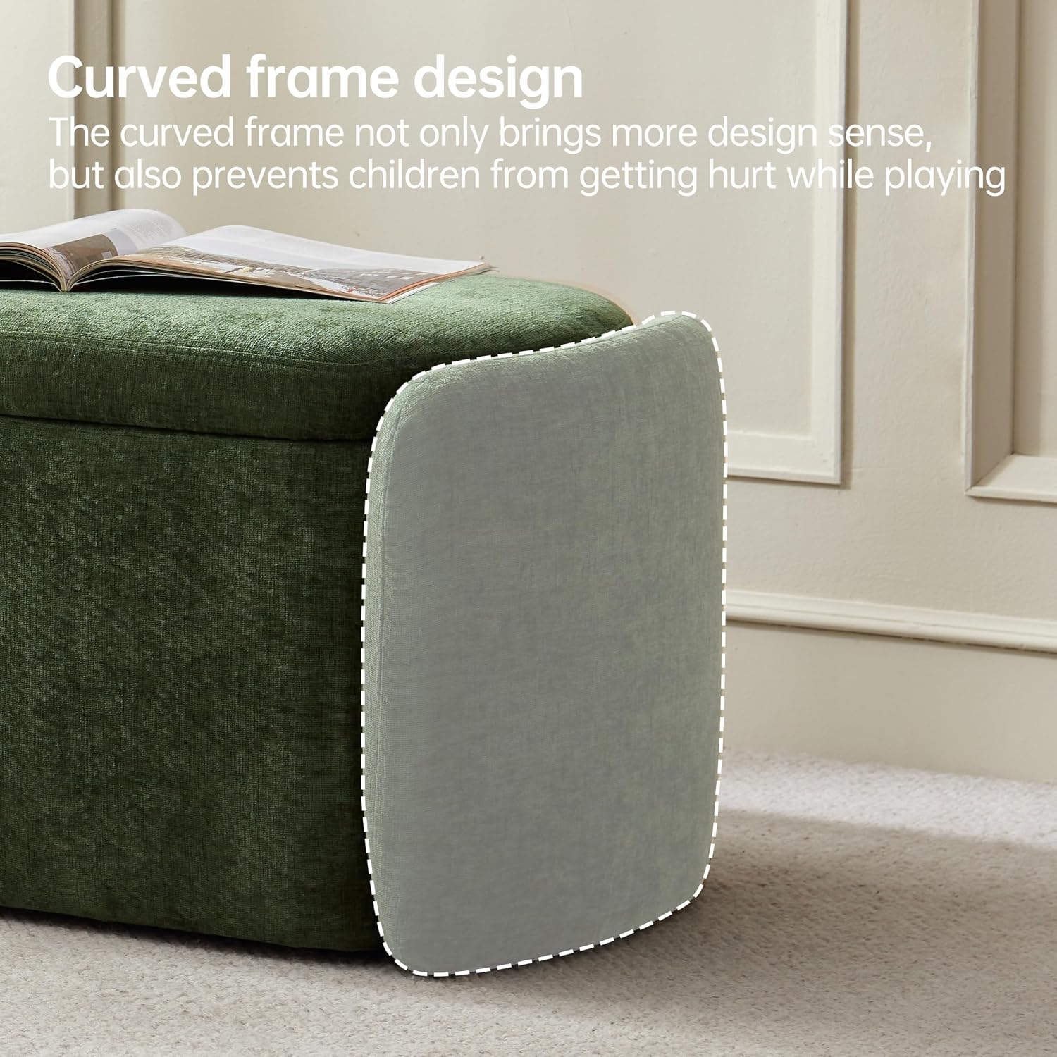 VKNOW 46" Oval Storage Ottoman Bench, Upholstered End of Bed Bench Ottomans Bench Foot Rest, Sherpa Storage Bench for Bedroom, Living Room and Hallway, Green - Image 3