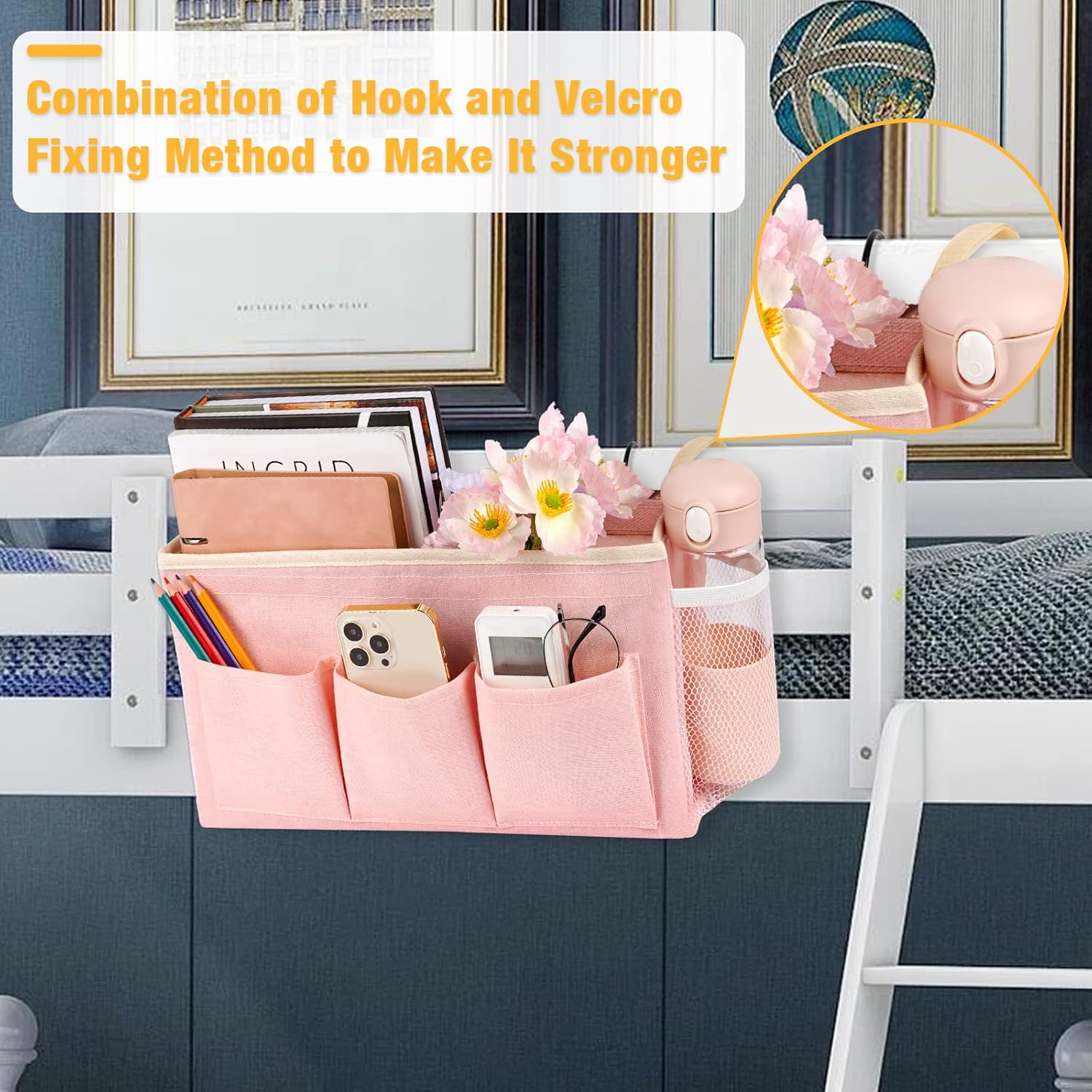Lilithye Bedside Caddy Bedside Organizer Bedside Storage Caddy with Fixed Straps and Water Bottle Holder for Home College Dorm Bunk Bed Hospital Bed Crib Bed Rails (Pink) - Image 2