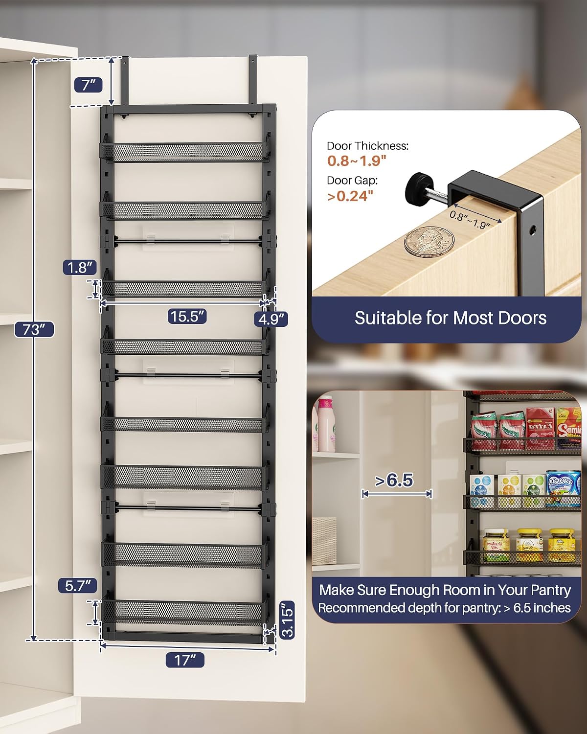 8 Tier Pantry Door Organizer, 2 IN 1 Over the Door Pantry Organizer with Metal Adjustable Baskets,Spice Rack Wall Mount or Door Organizer, Door Spice Rack for Pantry - Image 5