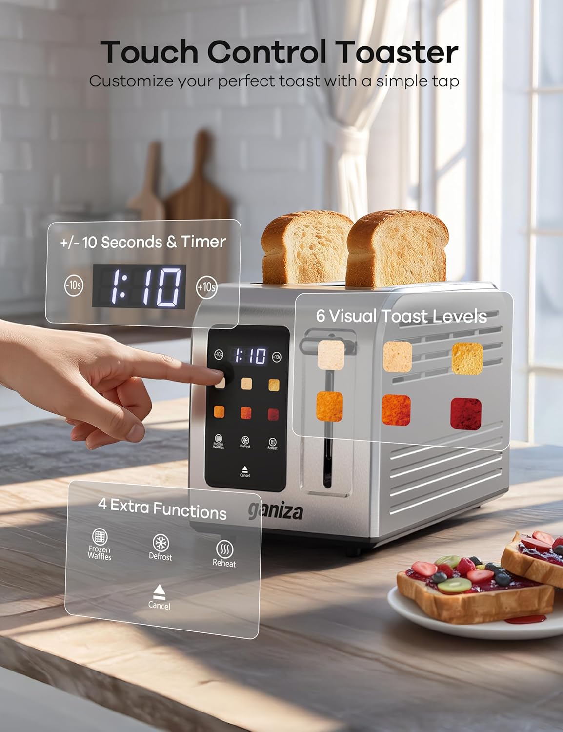Ganiza Smart Toaster 2 Slice with Touchscreen, Digital Countdown Timer, Touch Screen Toaster Wide Slot, Full Stainless Steel, Defrost Reheat Cancel, +/-10s Fine-Tune, Removable Crumb Tray, Max 925W - Image 2
