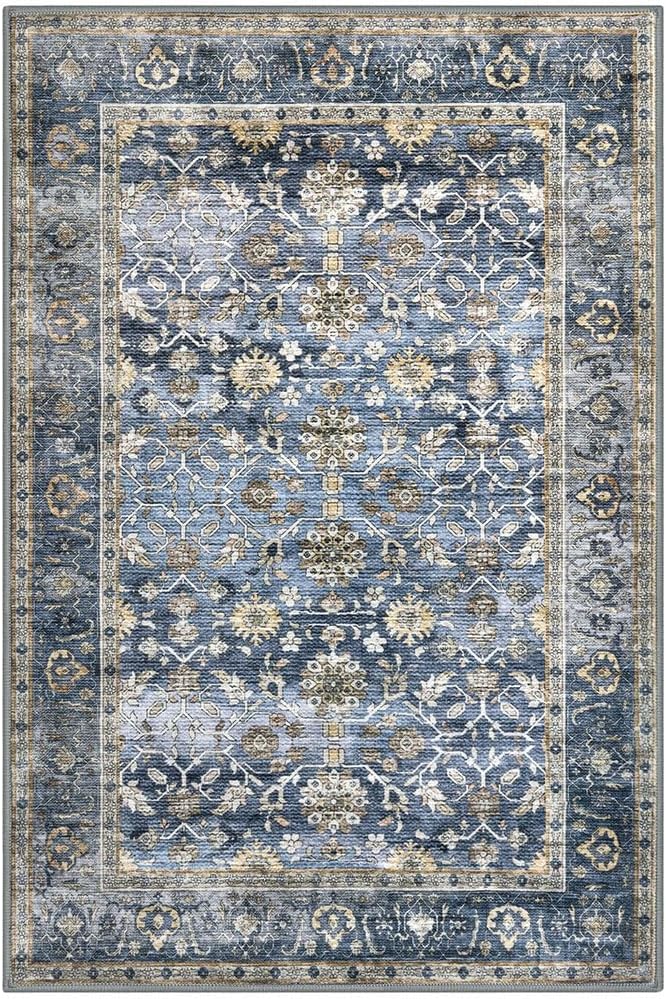 KUTA Vintage Floral 3x5 Entryway Rug, Area Rugs for Living Room Blue Grey Beige Washable Kitchen Carpet Non-Slip, Ultra Thin Soft Printed Distressed Oriental Entry Low-Pile Throw for Dining Room Dorm - Image 9