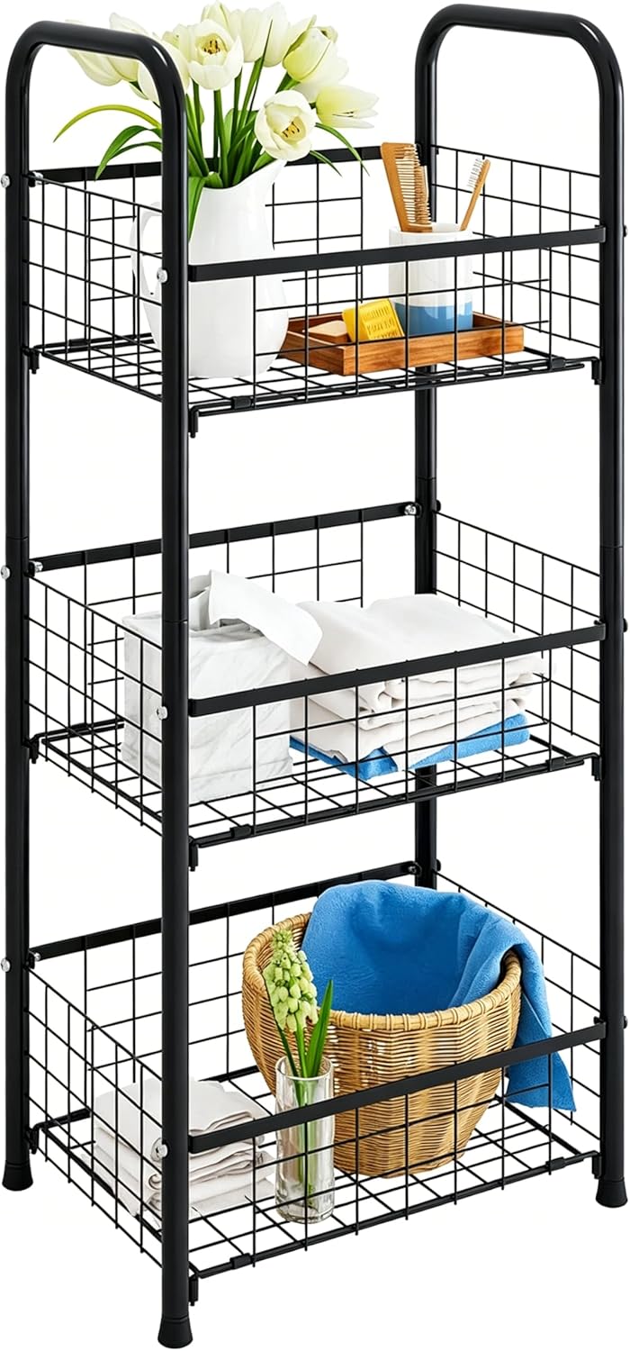 PROXRACER 3-Tier FreeStanding Open Shelf,Bathroom Organizer Shelves Unit with Adjustable Feet, Metal Steel Storage Tower Organizer Rack Basket Cart for Bathroom, Living Room, Balcony, Kitchen