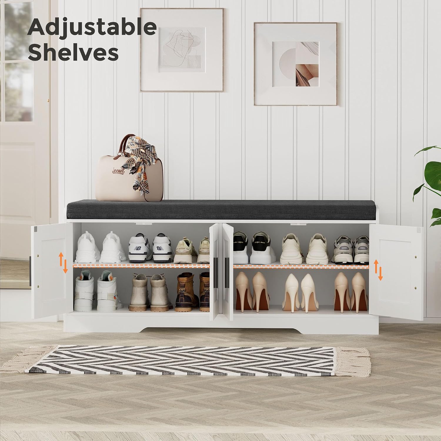 Homleke 2-Tier Storage Bench, Shoe Bench with Thickened Padded Seat Cushion, Entryway Bench with 4 Doors, Adjustable Shelf, 13.8" D x 45.3" W x 18.5" H, for Entryway, Living Room, Bedroom, White - Image 6