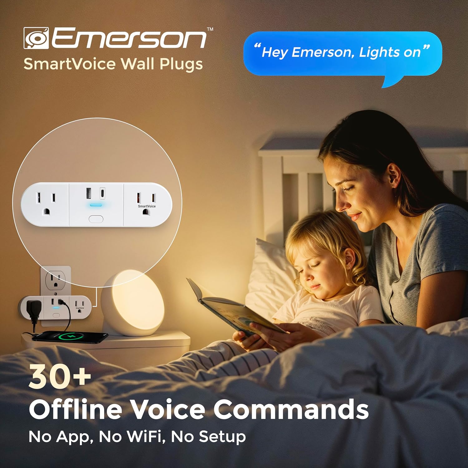 Emerson SmartVoice 4-in-1 Wall Plug, Voice Control Smart Outlet w/ 2 AC (1 Voice + 1 Always-On), USB-A & USB-C Ports, No WiFi, No App, Sleep & Wake Timer, ETL Listed - Image 2