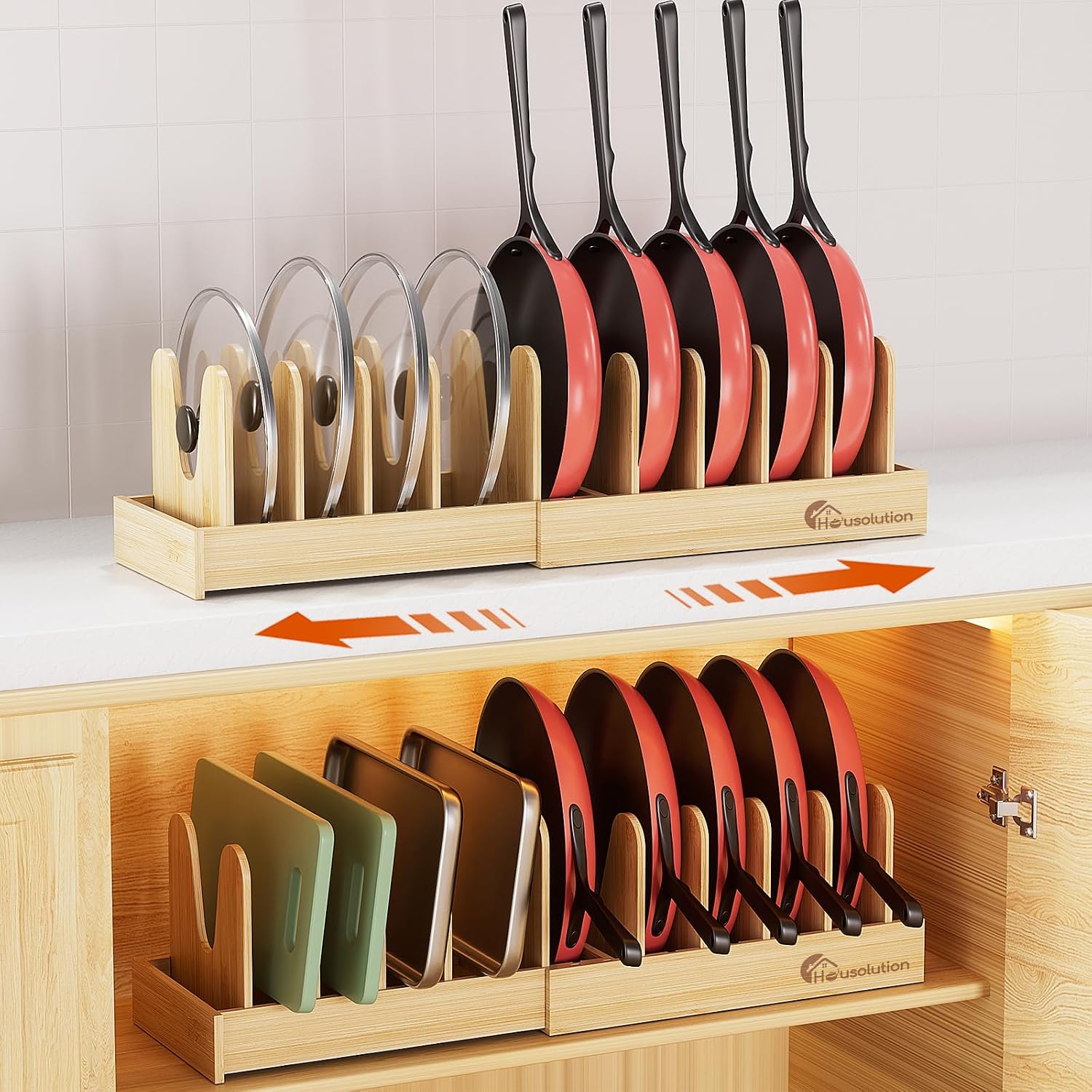 Housolution Bamboo Pot and Pan Organizer for Cabinet, 15"-29" Expandable Pot Lid Organizer with 10 Adjustable Dividers, Pan Holder Storage Rack with Solid Bamboo Wooden Base, 2 Pack