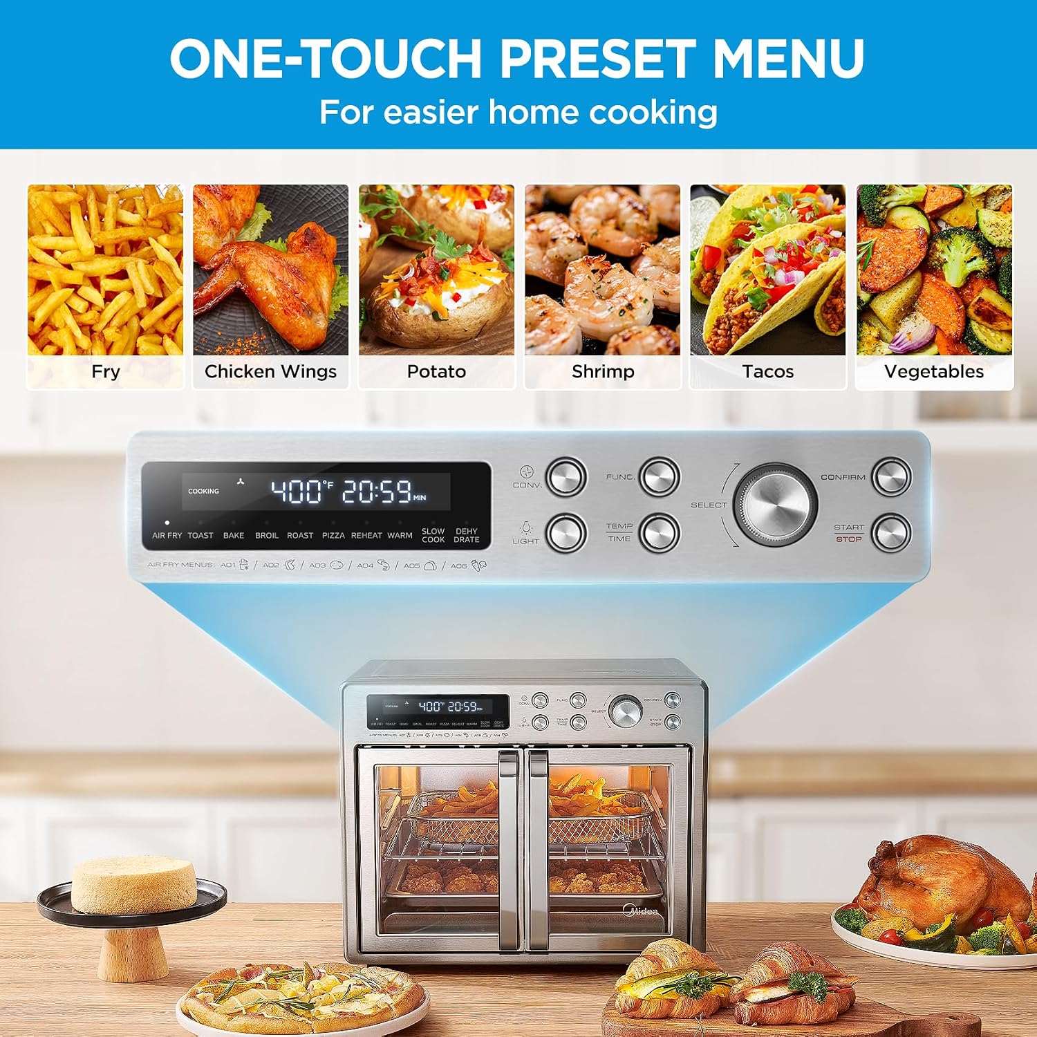 Midea Flexify Classic French Door Toaster Oven Air Fryer Combo, 10-in-1 Large Capacity 26.4 QT Countertop Oven, 25% Faster Cooking and 90% Less Oil, Stainless Steel - Image 8