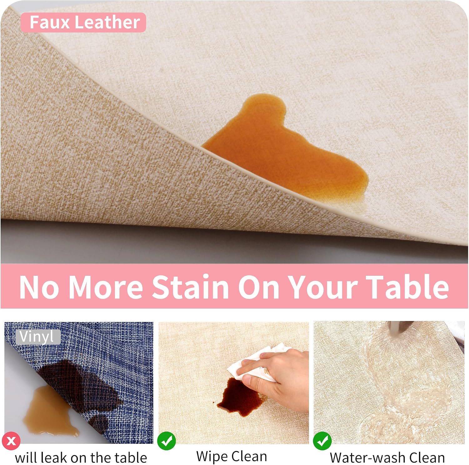 Maxpearl Faux Leather Placemats Set of 6 - Waterproof - Wipe Clean - Heat Resistant - Anti Slip Dining Table Place Mats, Suitable for Indoor & Outdoor Use, 17’’×12’’, Beige - Image 4