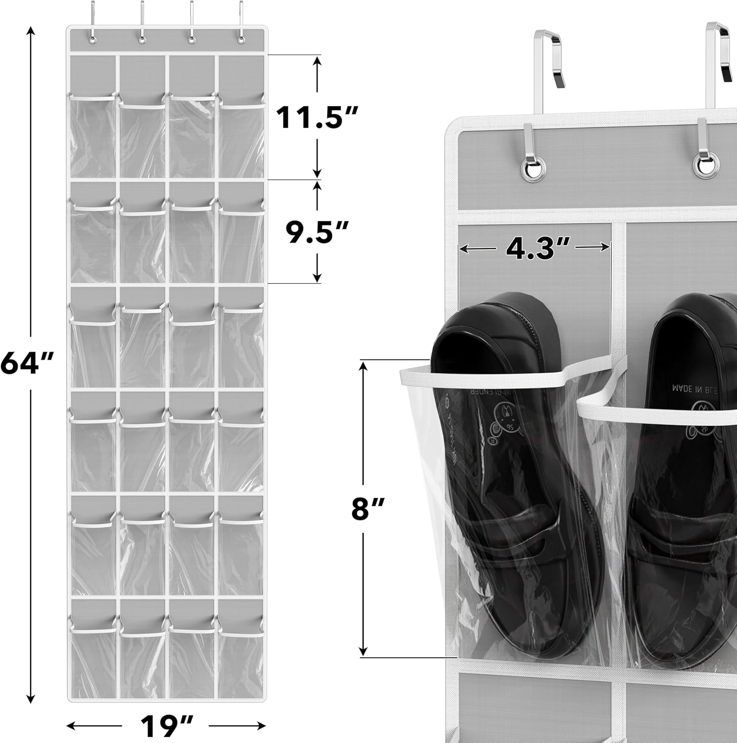 Simple Houseware 24 Pockets - Crystal Clear Over The Door Hanging Shoe Organizer, Gray (64'' x 19'') - Image 2
