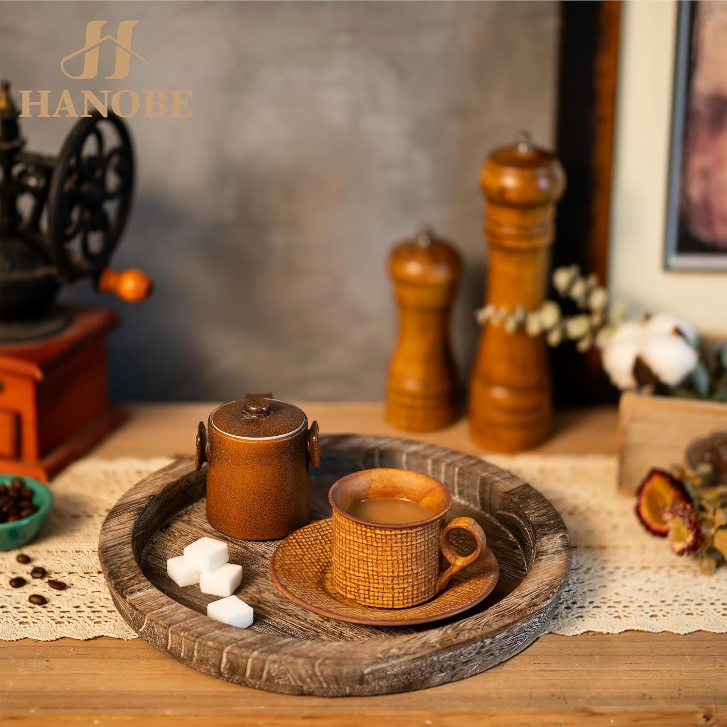 Hanobe Wooden Tray for Coffee Table: Candle Holder Plate Round Decorative Serving Tray - Vintage Table Centerpiece Rustic Farmhouse Home Decor - Image 7