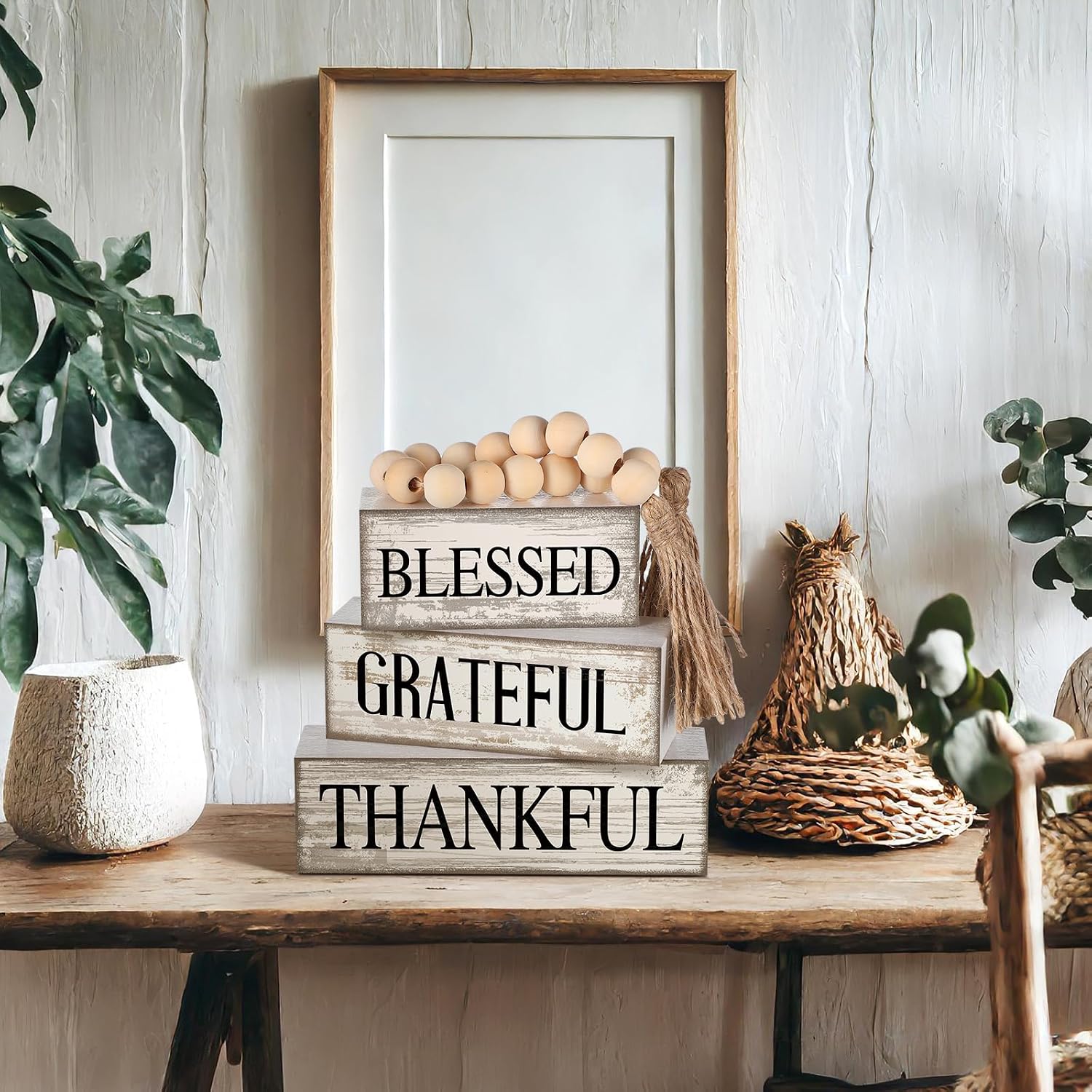 4 Pcs Farmhouse Wooden Tabletop Decor Neutral Farmhouse Tiered Tray Decor Rustic Retro Wood Bead Garland Blessed Grateful Thankful Block Sign Centerpiece for Coffee Home Office Shelf Mantle Table - Image 6