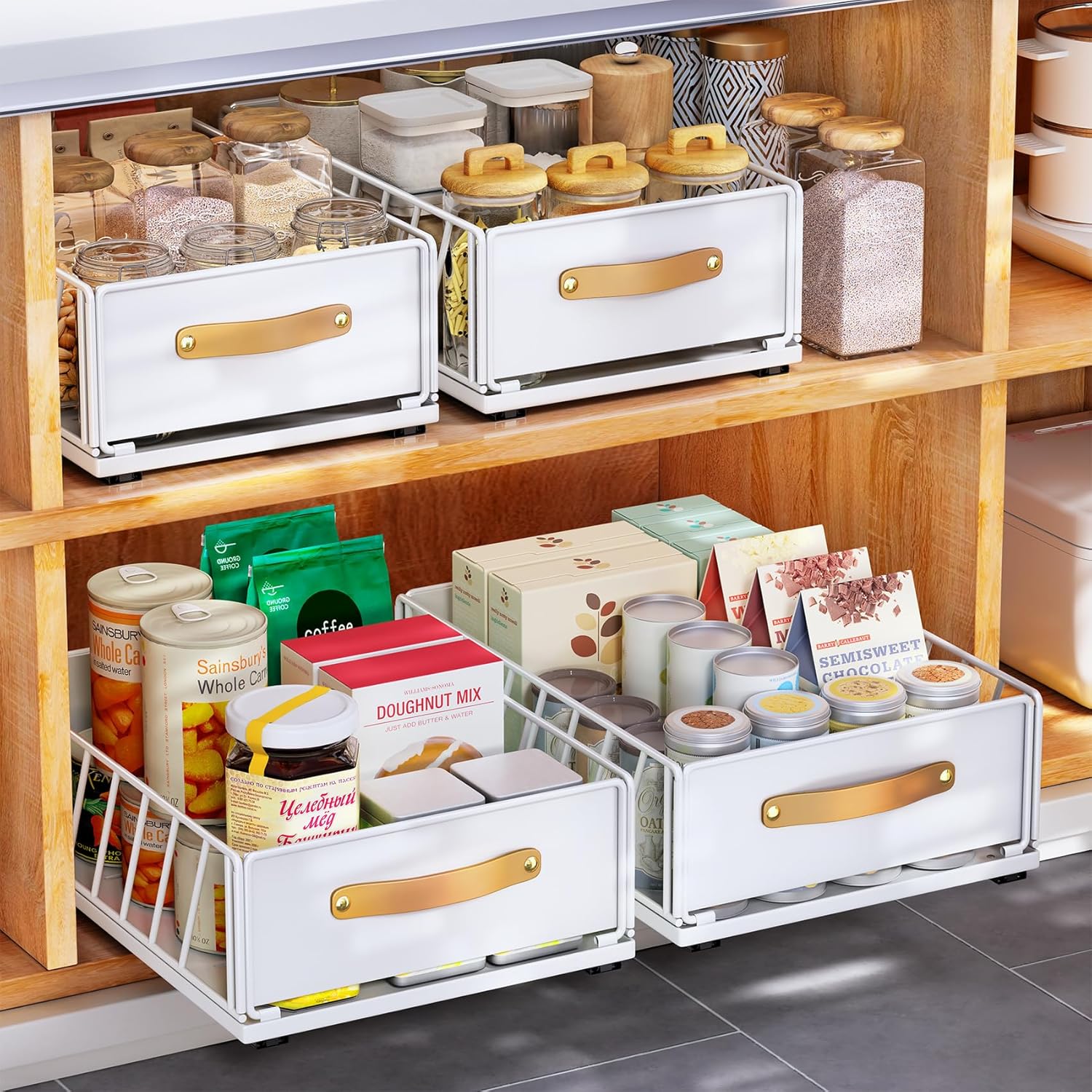 Pull out Cabinet Organizer,Heavy Duty Slide out Pantry Shelves Drawer Storage with Adhesive Nano Film,Sliding Mesh Cabinet Basket with Handle for Kitchen, Bathroom, Home, 11.8W" X 15.7"D X 6.2"H,White