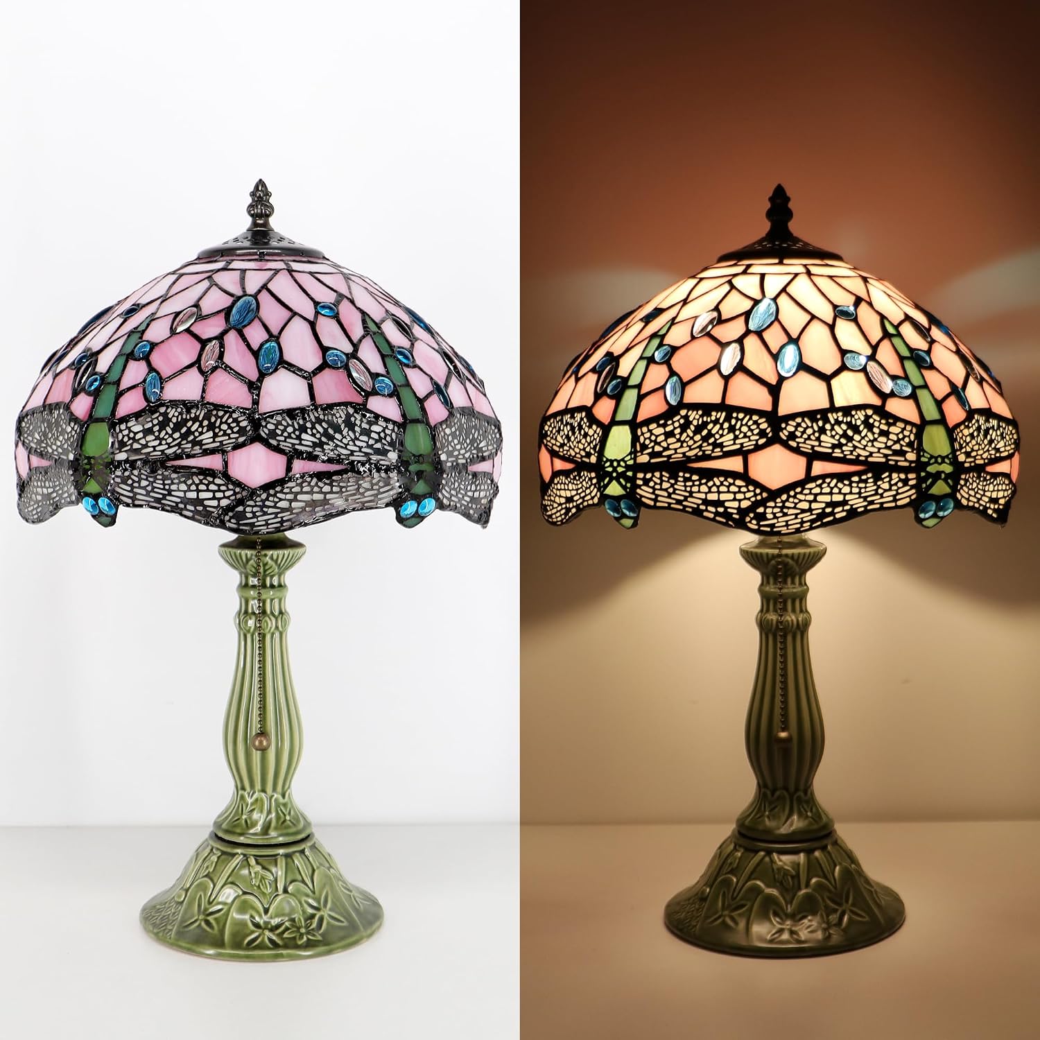 Tiffany Style Stained Glass Table Lamp 18.5 Inch - Pink Dragonfly | 12X12X18.5 Inch, E26 Bulb Base,Pull Chain Switch, Ceramic Base, Bedside, Bedroom, Living Room, Office, Reading Light, - Image 6