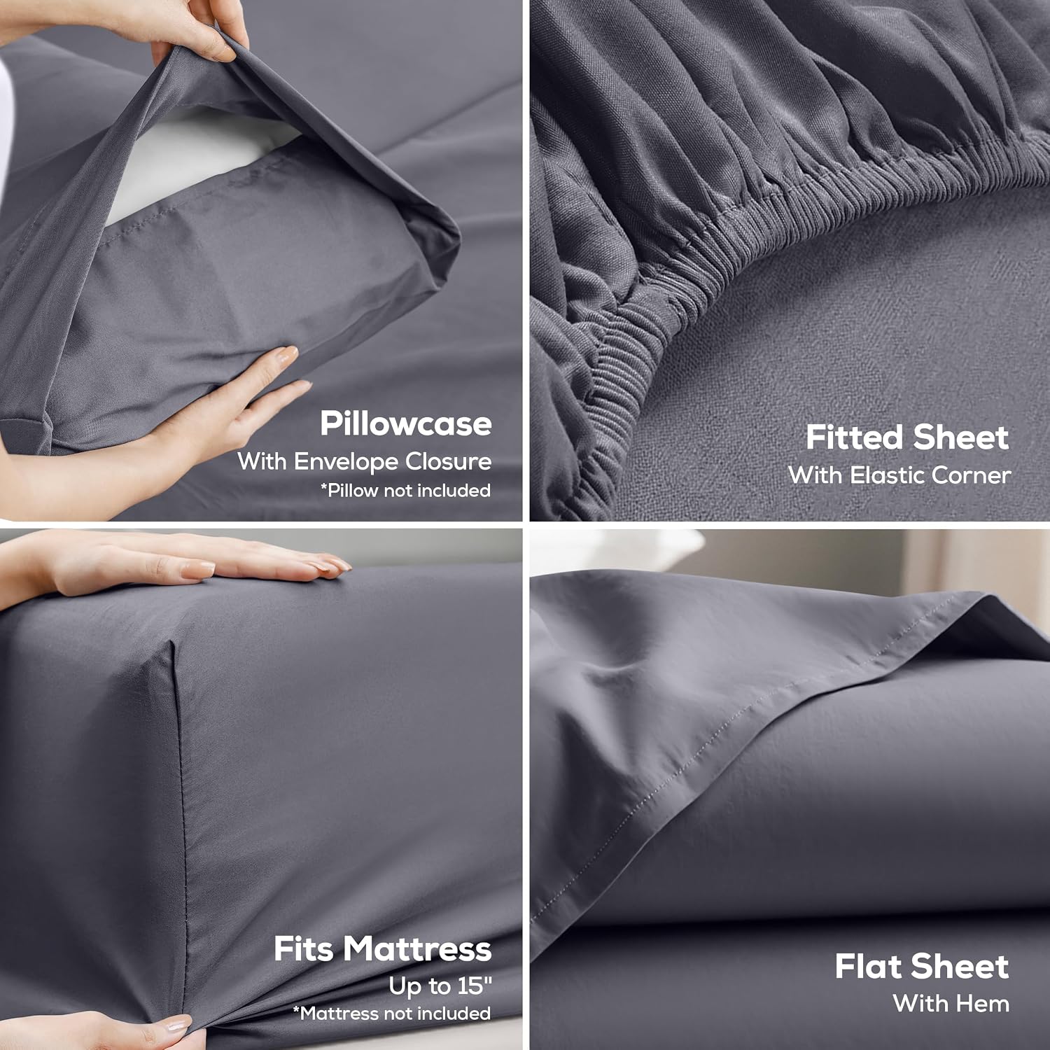 Queen Size Sheet Set – 4 Piece Bed Sheets, Soft and Breathable Microfiber, Includes 1 Fitted Sheet, 1 Flat Sheet and 2 Pillowcases – Oeko Tex (Grey) - Image 4