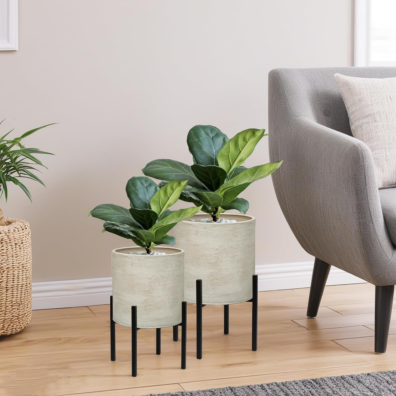 ARNIS Modern Plant Pots, Set of 2 Large Planters with Stand, Decorative Planters, Metal Pots with Drainage Holes for Living Room, Office, Garden or Balcony, 8.25 &10.5 Inch, Dirt - Image 2