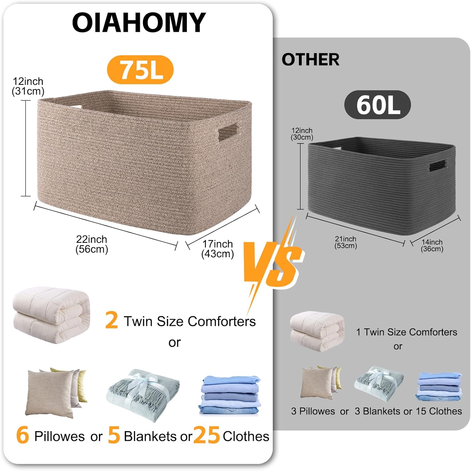 OIAHOMY 75L Large Woven Cotton Rope Storage Basket with Handle for Organizing Blanket and Toys for Living Room, Nursery, Brown Variegated 22”x17”x12” - Image 3