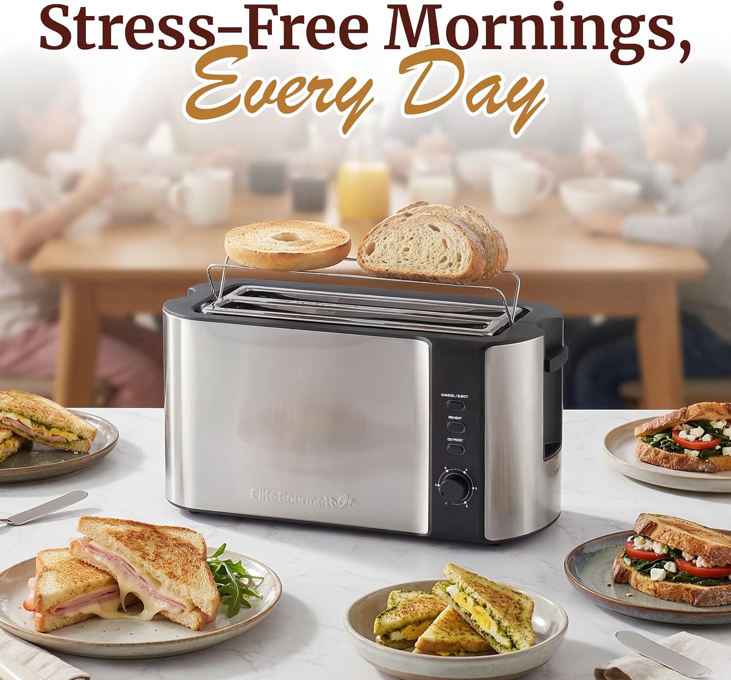 Elite Gourmet ECT-3100 4-Slice Long Slot Toaster | Extra Wide Slots for Bagels, Sourdough & Texas Toast | 6 Browning Settings | Reheat, Defrost & Cancel | Built-In Warming Rack | Stainless Steel - Image 9