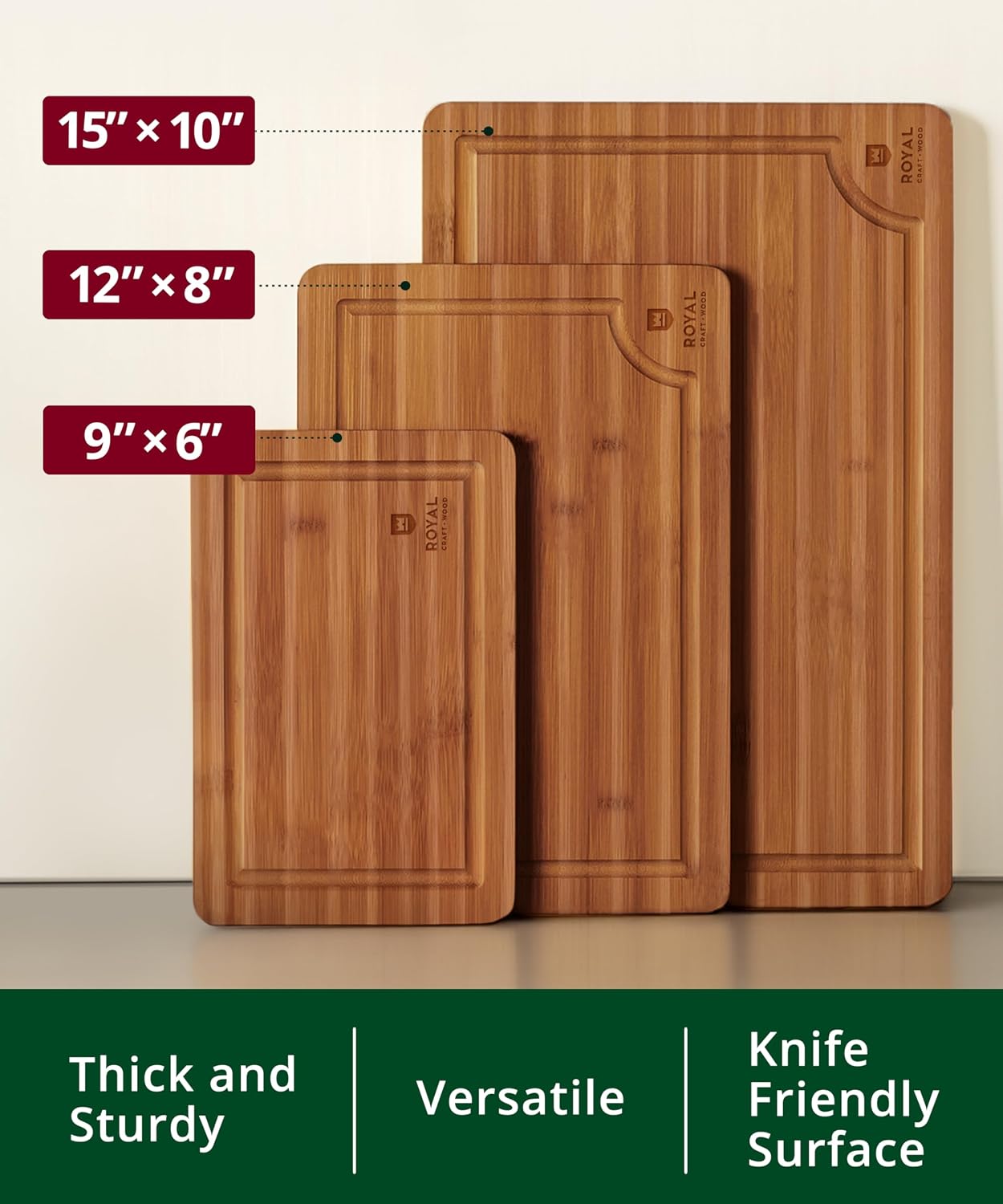 ROYAL CRAFT WOOD Wooden Cutting Boards for Kitchen Meal Prep & Serving - Non Toxic Bamboo Wood Cutting Board Set with Deep Juice Groove Side Handles - Charcuterie & Chopping Butcher Block for Meat - Image 2