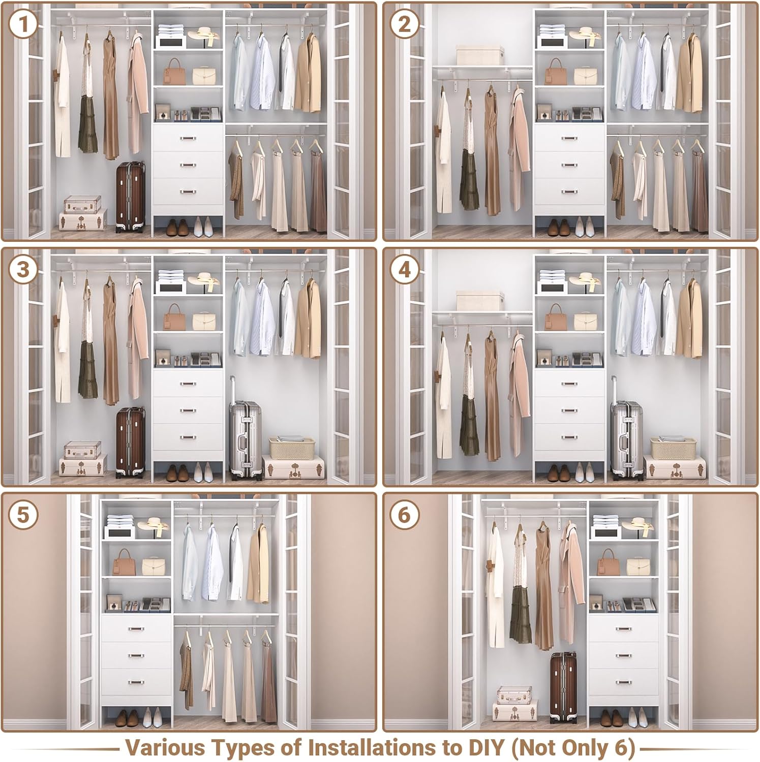 Besiost Closet System with Drawer - 8FT Wood Closet Organizer System with 3 Hanging Rods and Shelving Tower, 96" Walk In Closet Organizer Wardrobe, Heavy Duty Garment Rack Clothes Rack, White - Image 5