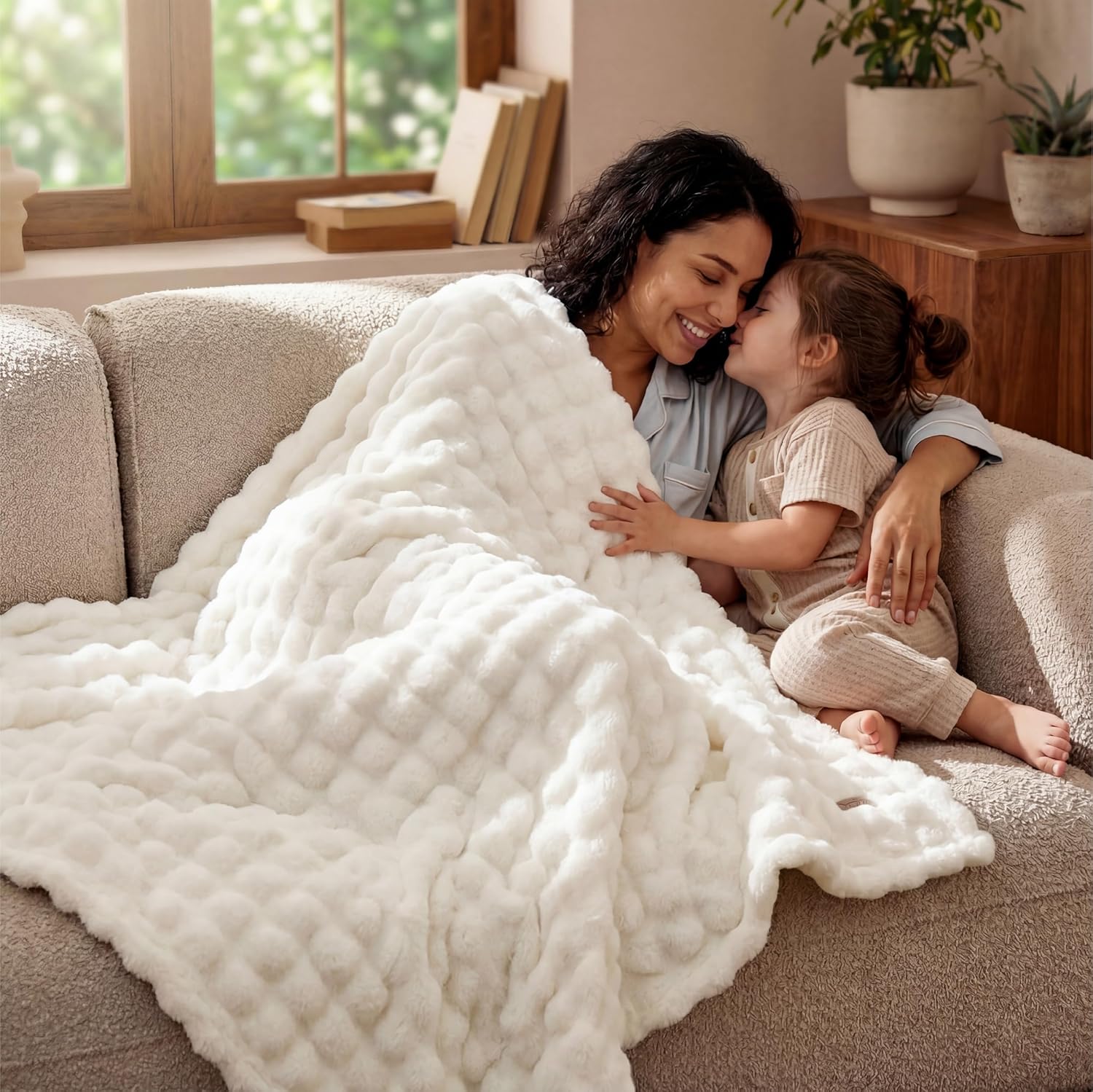 Bedsure 3D Fleece Bubble Blanket for Couch - GentleSoft Cute White Throw Blanket for Sofa Bed Room Decor - Luxury Soft Cozy Cloud Blanket Mothers Gifts for Women, Lightweight, Off White, 50"×60" - Image 9
