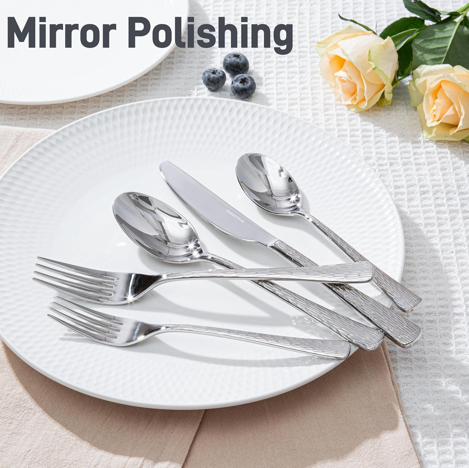 KINGSTONE Hammered Silverware Set, 20-Piece Flatware Set, 18/10 Stainless Steel Premium Cutlery with Unique Ripple Handles Design Mirror Polished - Dishwasher Safe - Image 3