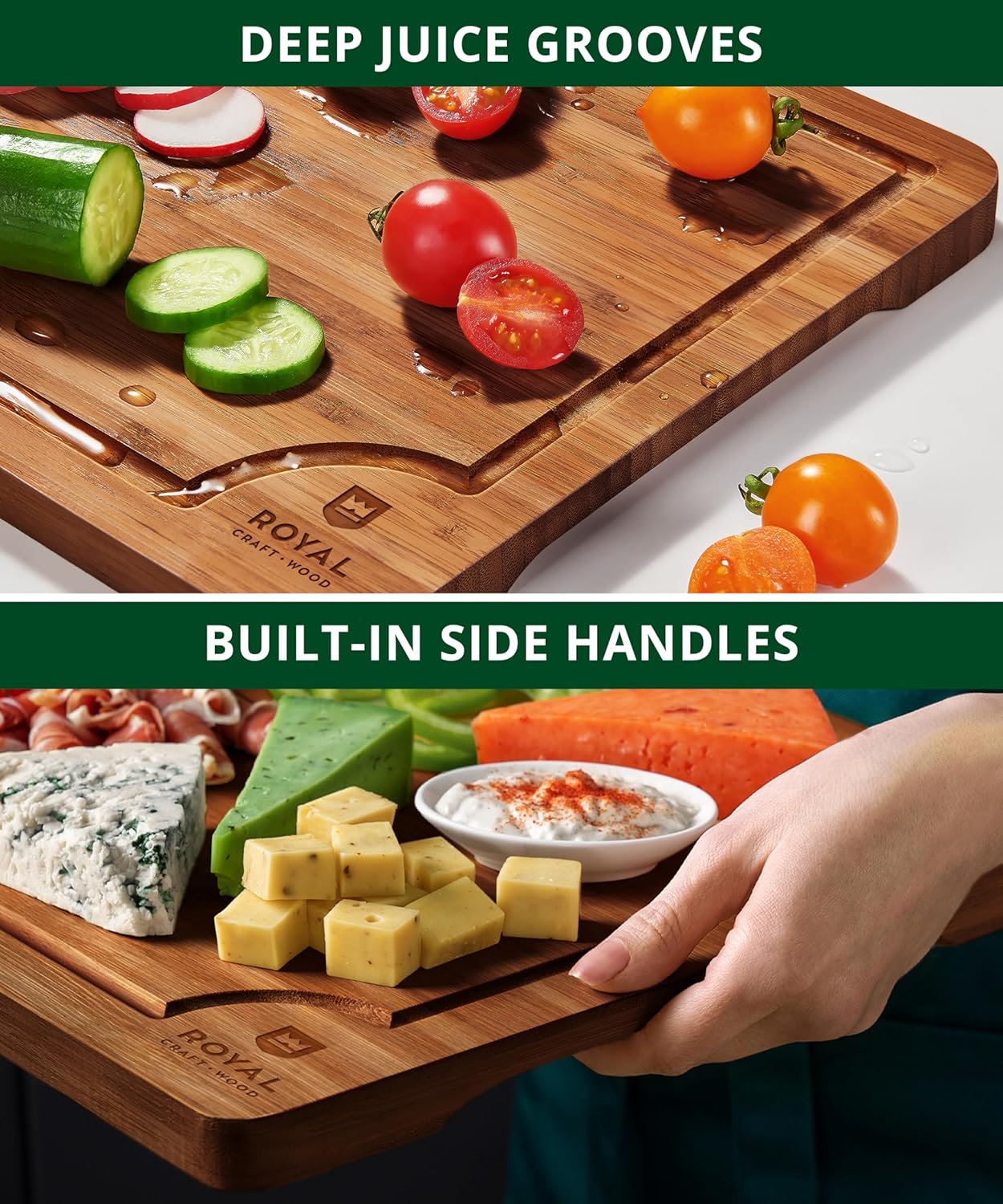 ROYAL CRAFT WOOD Wooden Cutting Boards for Kitchen Meal Prep & Serving - Non Toxic Bamboo Wood Cutting Board Set with Deep Juice Groove Side Handles - Charcuterie & Chopping Butcher Block for Meat - Image 5