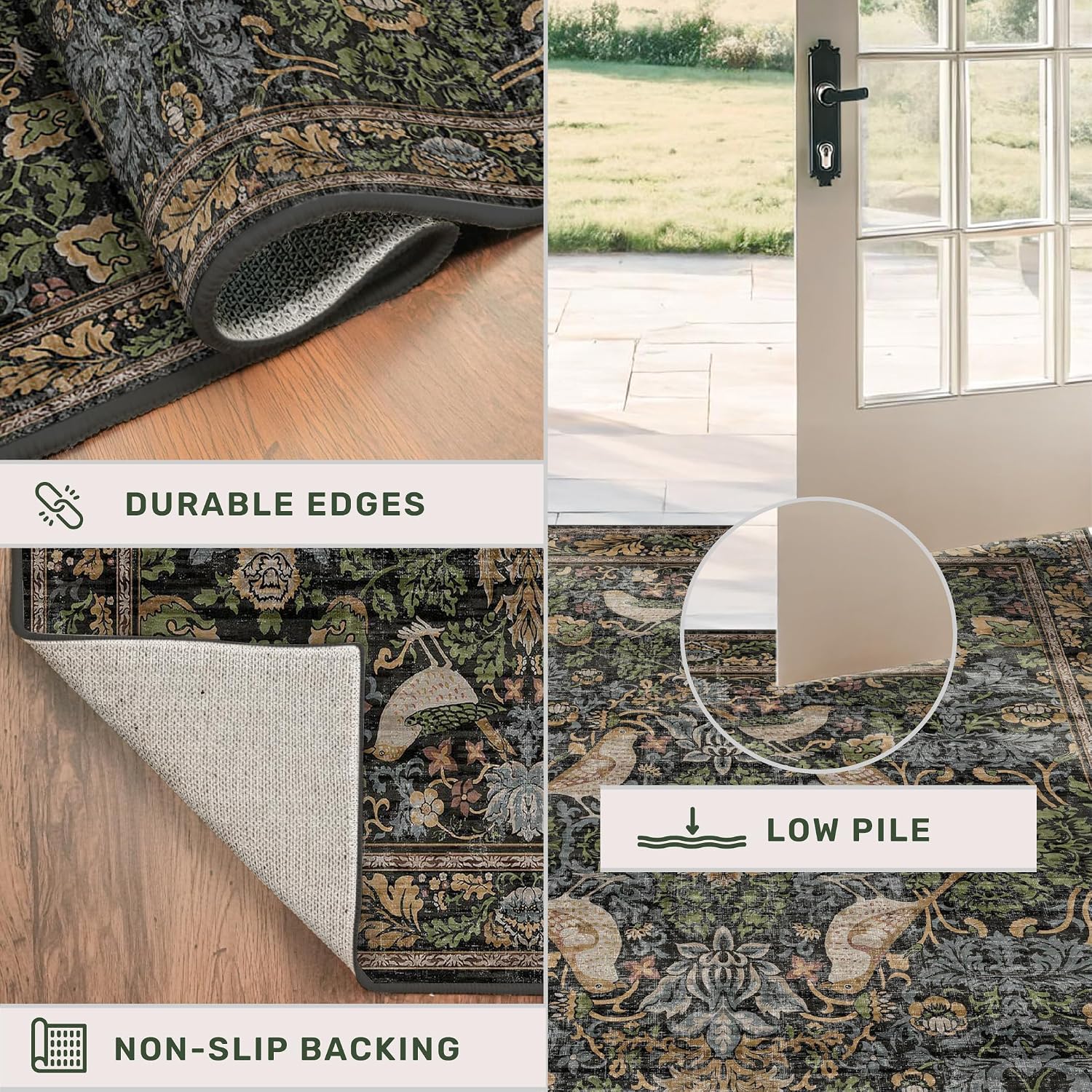 Hazo Haus Vintage Floral Area Rug 5x7 for Living Room - Dark Green Forest Bird Rugs for Bedroom, Dining Room, Office, Non Slip Stain Resistant Low Pile - Image 4
