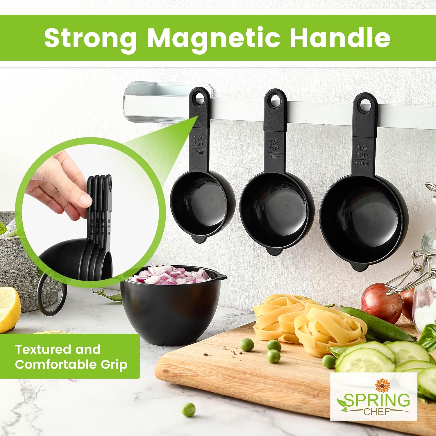 Spring Chef Magnetic Measuring Cups and Spoons Set of 9, Nesting Kitchen Tool with Easy to Read Markings for Measuring Dry or Liquid Ingredient, BPA Free, Black - Image 2