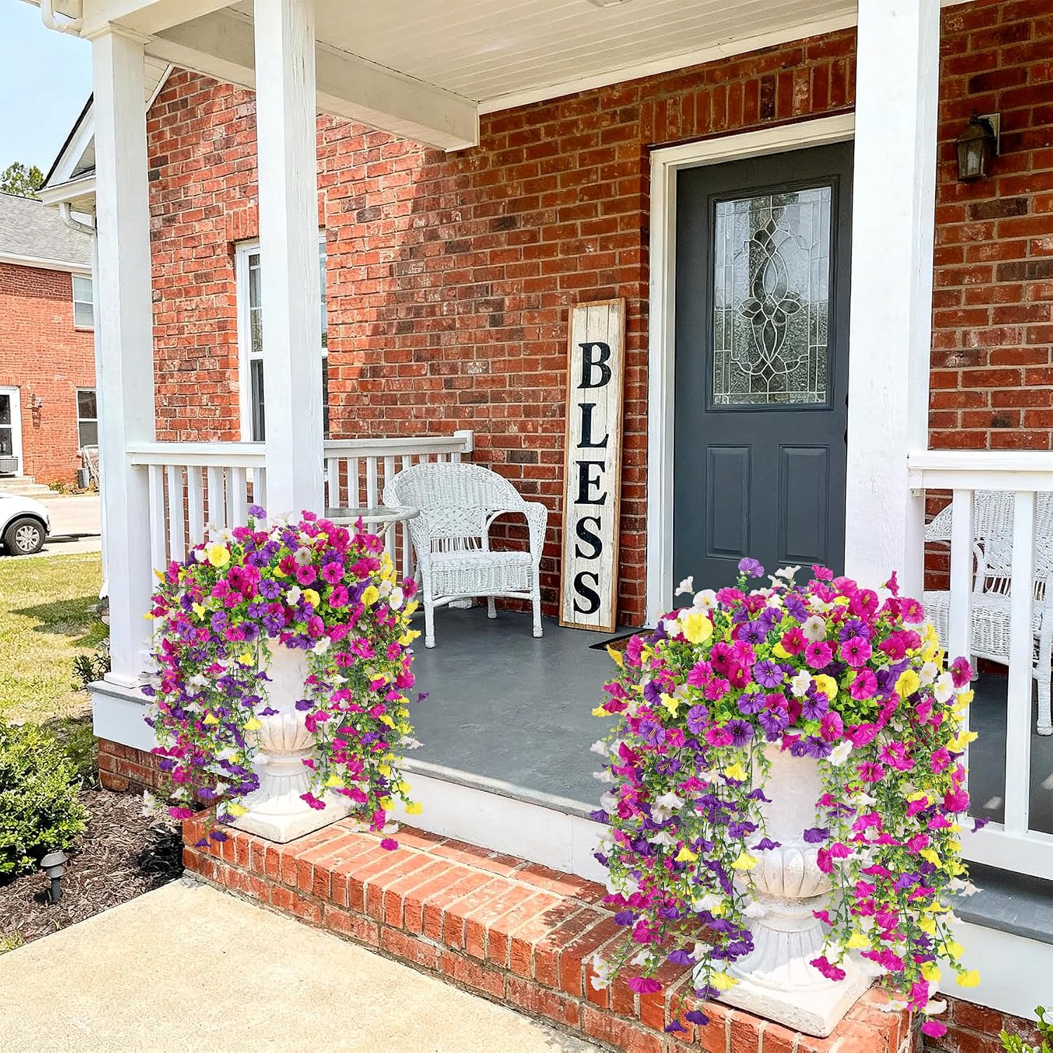Artificial Hanging Petunias Flowers for Outdoor, 8pcs Fake Plants Long Vine Morning Glory Eucalyptus, UV Resistant Realistic Faux Greenery Outside Patio Porch Garden Spring Summer Decor, Mix Color - Image 5