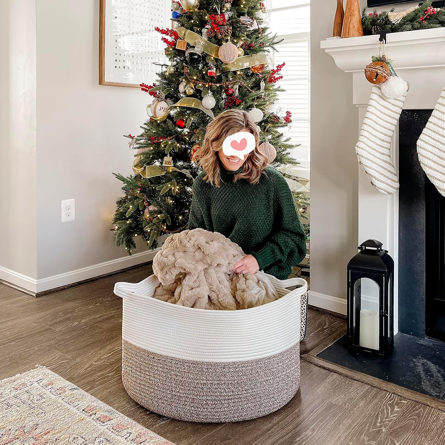 INDRESSME XXXLarge Blanket Basket for Living Room 21.7" x 21.7" x 13.8"-Storage Basket with Handle for Organizing Toy Pillows Woven Cotton Rope Laundry Basket Stuffed Animal Toy Storage for Play Room - Image 8