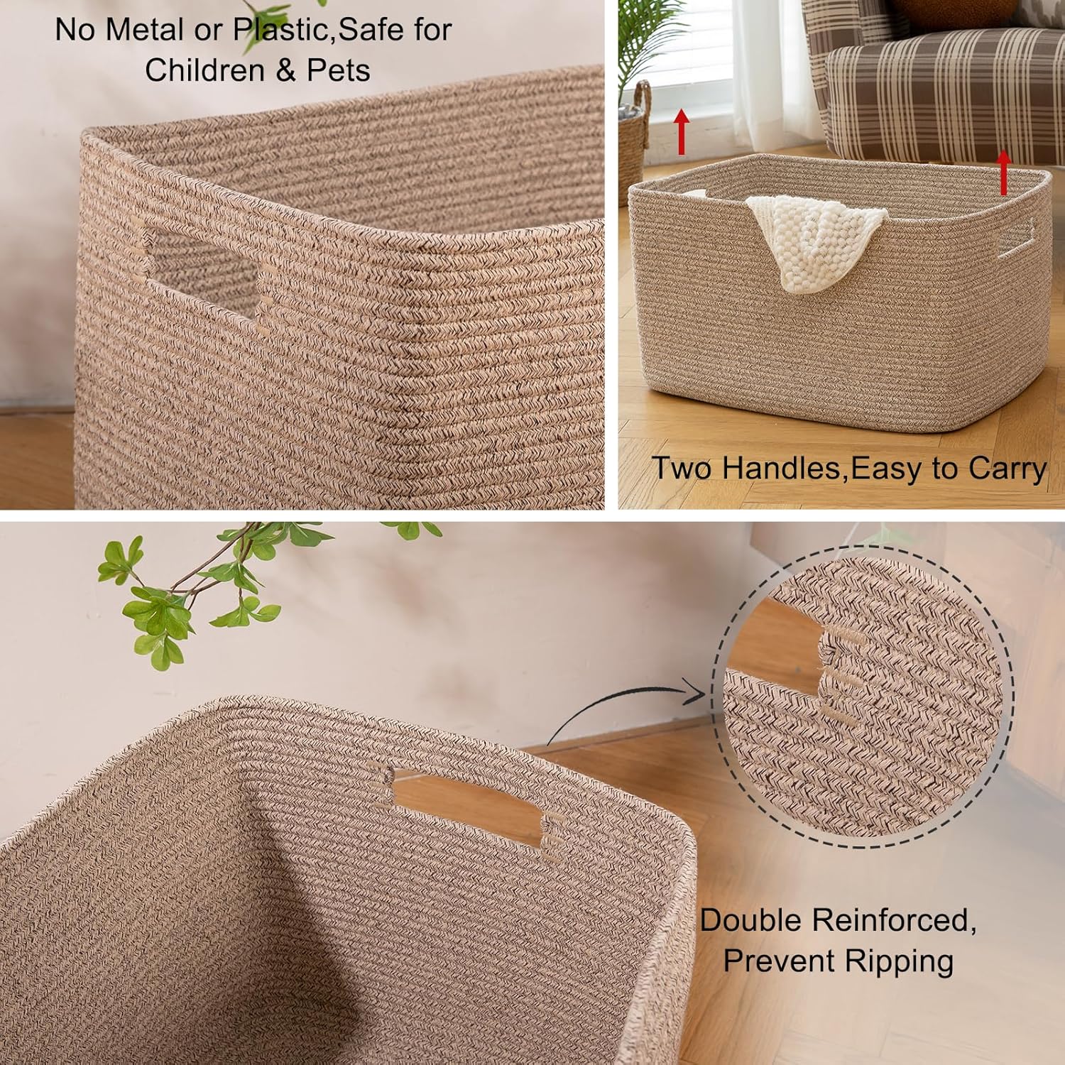 OIAHOMY 75L Large Woven Cotton Rope Storage Basket with Handle for Organizing Blanket and Toys for Living Room, Nursery, Brown Variegated 22”x17”x12” - Image 9