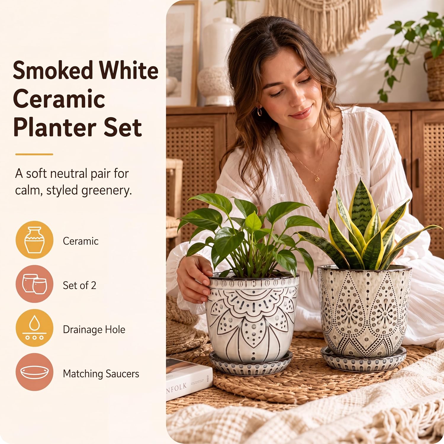 Gepege 6 Inch Beaded Ceramic Planter Set of 2 with Drainage Hole and Saucer for Plants, Indoor-Outdoor Large Round Succulent Orchid Flower Pot (Smoked Gray, Inner-pots not Larger Than 5 Inch) - Image 2