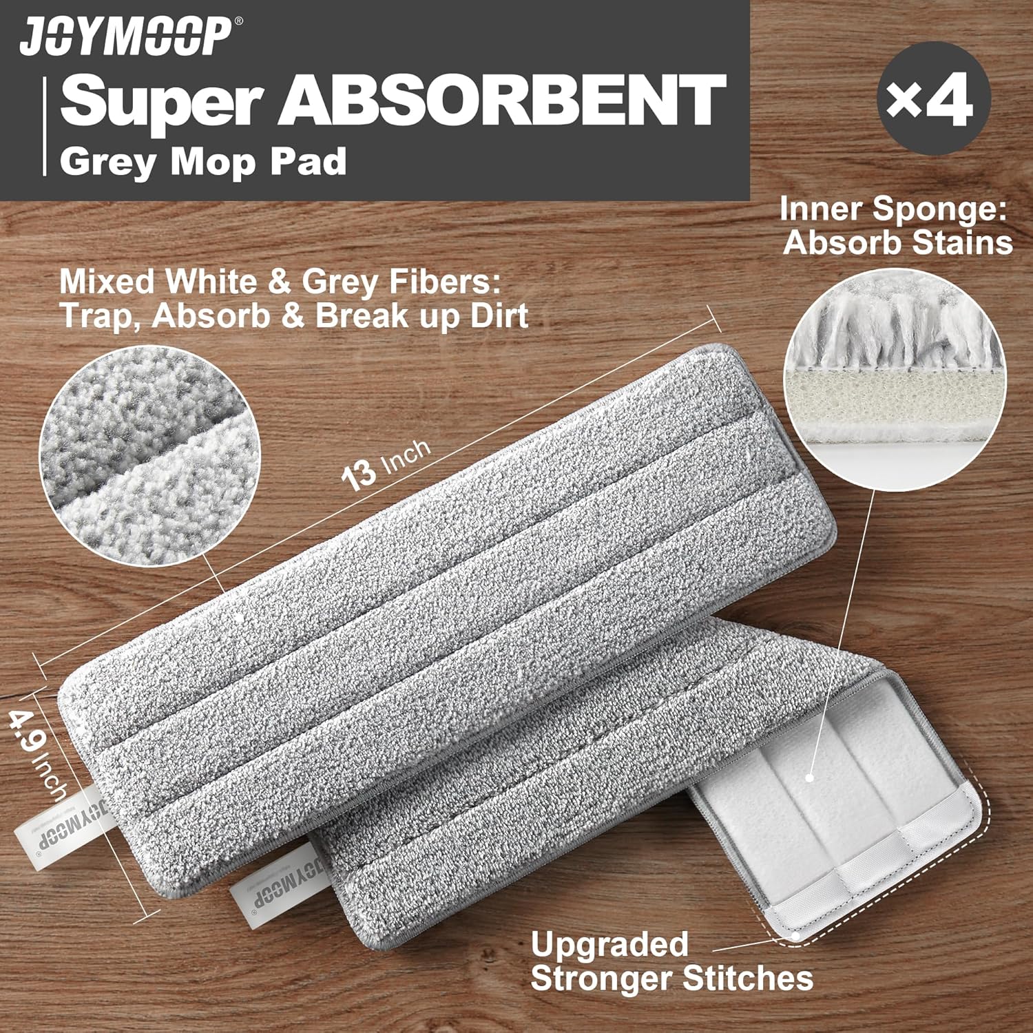 JOYMOOP Microfiber Mop Replacement Pads, 4-Pack 13" × 4.9", Dual Grey & Stripe Pads for Wet & Dry Cleaning, Compatible with Microfiber Flat Mop Heads, Machine Washable, Durable and Scratch-Free - Image 2