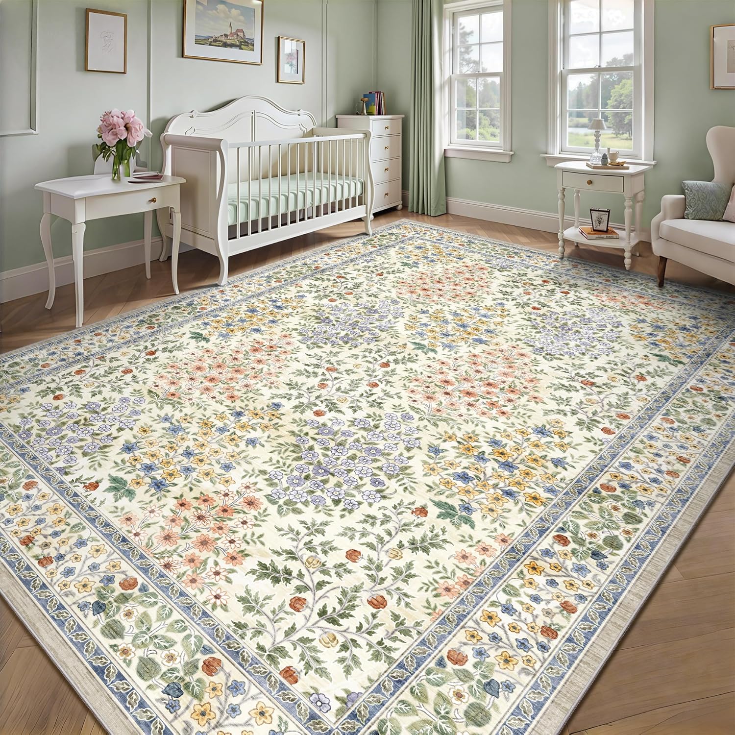 8x10 Area Rugs, Machine Washable Low Pile Floral Rugs for Living Room, Bedroom, Large Boho Area Rug with Non-Slip Backing for Dining Room(Beige Floral) - Image 5