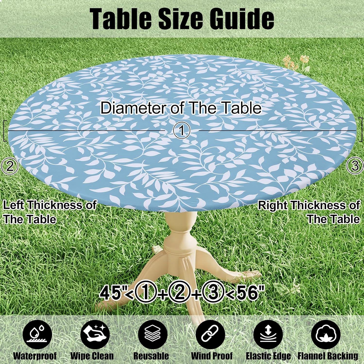Smiry Round Picnic Tablecloth, Waterproof Elastic Fitted Table Covers for 45" - 56" Tables, Wipeable Flannel Backed Vinyl Tablecloths for Camping, Indoor, Outdoor, Baby Blue - Image 8